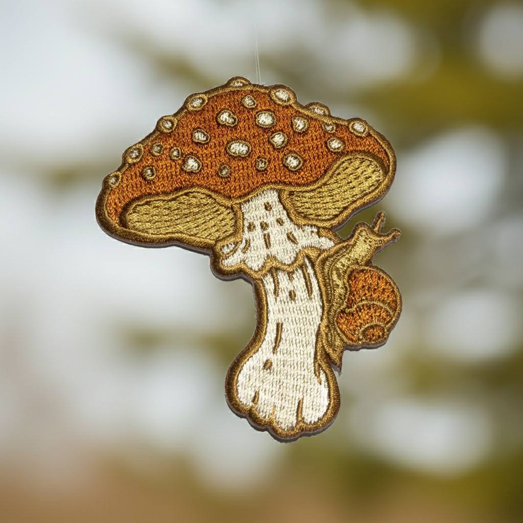 Mustard beetle mushroom iron on patch 3x3—cute embroidery patch, perfect for jackets or backpacks, easy to apply.