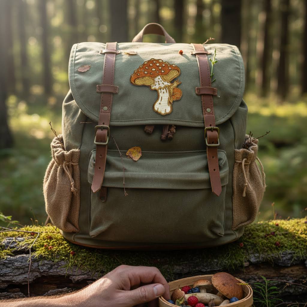 Mustard Beetle Mushroom Patch on backpack atop log; hand picking forest berries and nuts. Hiking gear, nature forage scene.