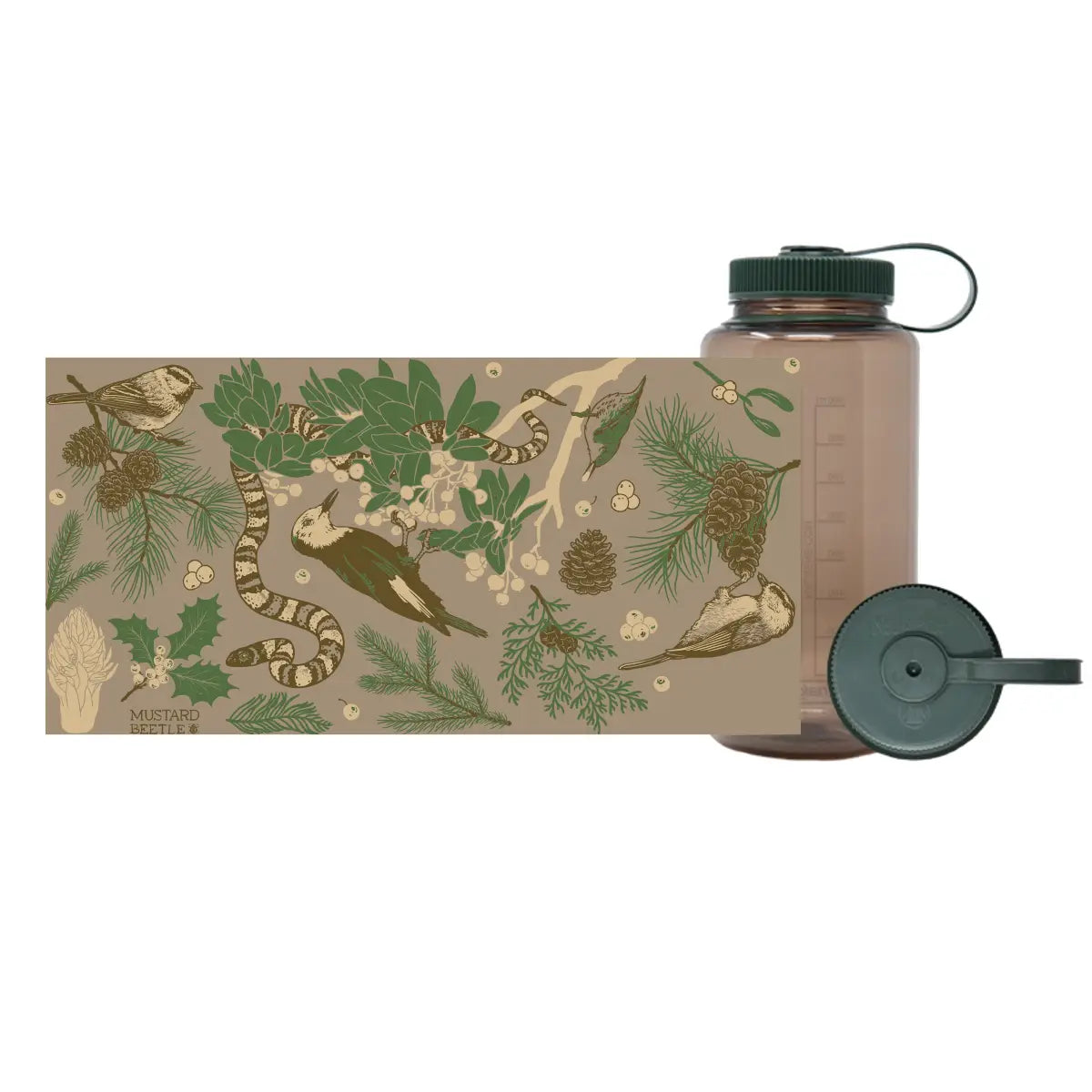 Forager Provisions LTD 32oz Nalgene water bottle in translucent brown with Alpine Forest nature-themed graphic print