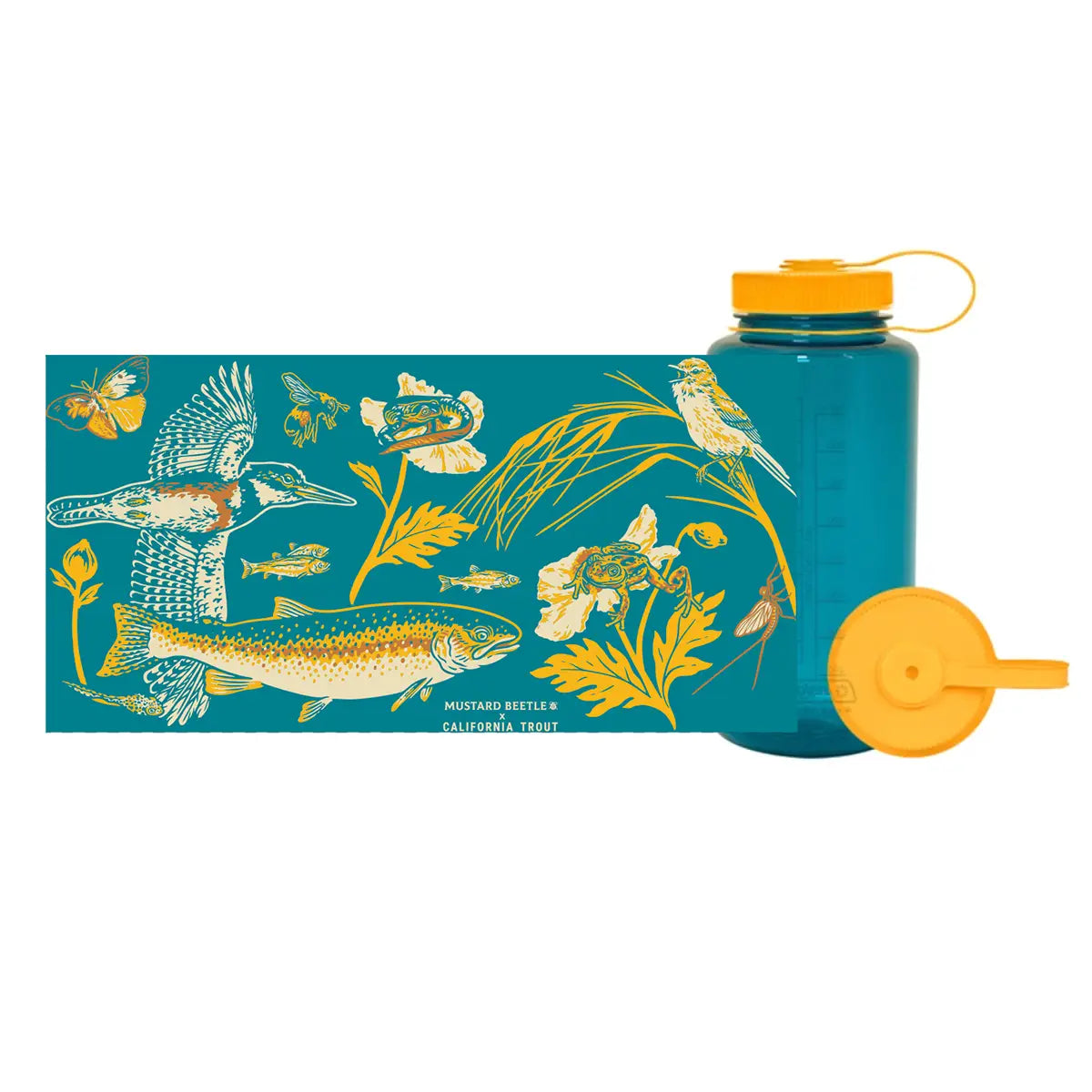 The Mustard Beetle 32oz Nalgene Malibu Creek bottle has yellow lid, nature art—perfect for California Trout and outdoor fans.