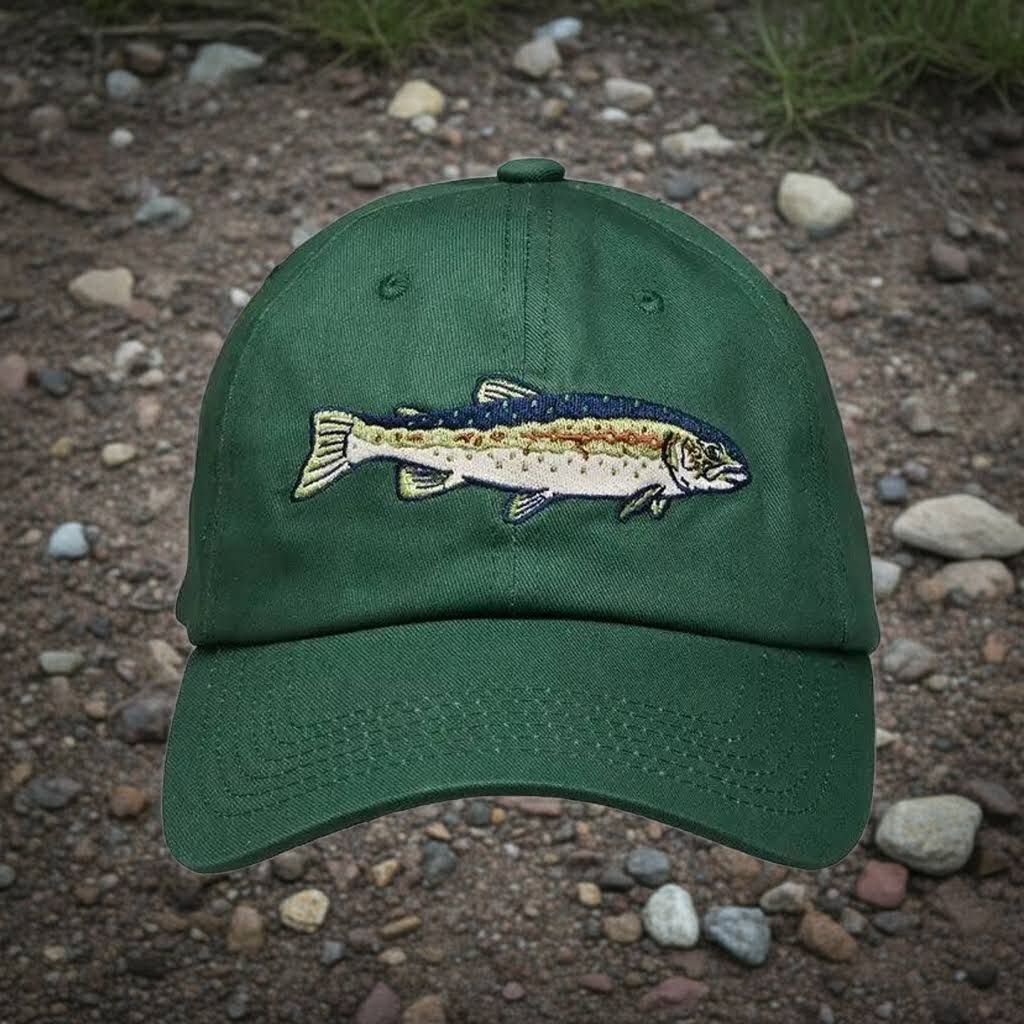 Forager Provisions LTD green ball cap featuring an embroidered steelhead trout design for CalTrout conservation.