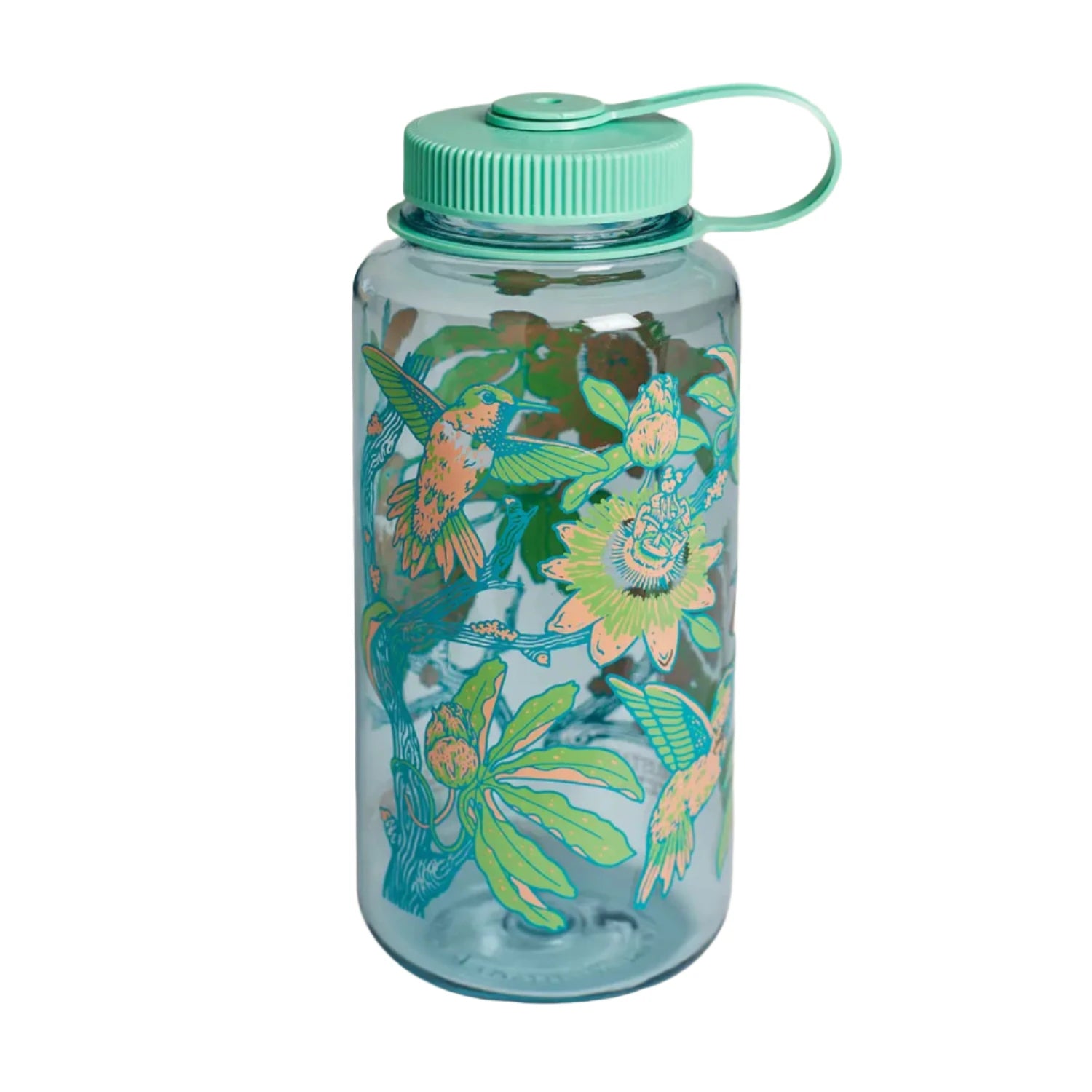 Mustard Beetle Hummingbirds Nalgene 32oz wide mouth bottle, green lid, tropical flower design, eco-friendly water bottle.