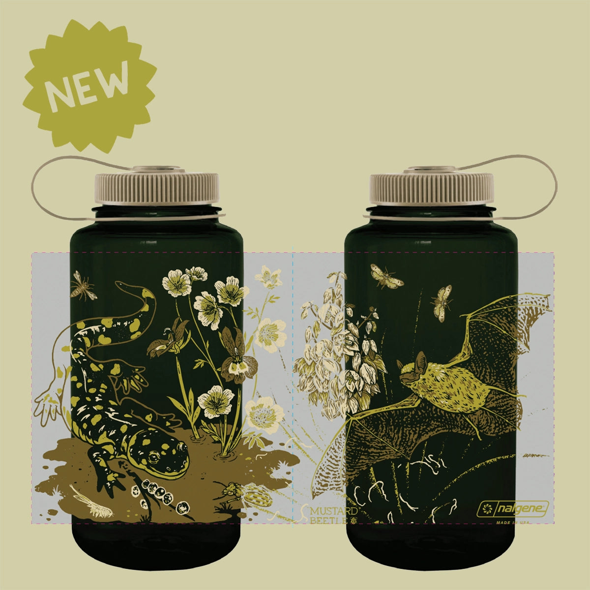 Mustard Beetle Nalgene 32oz Water Bottle—Vernal edition; salamander, bat, insect & plant art; BPA-free, eco-friendly hydration.