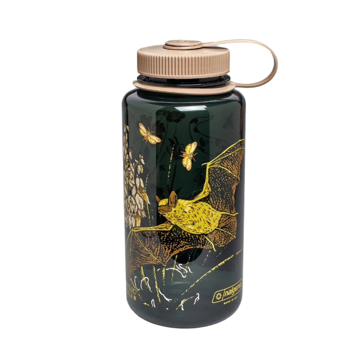 Mustard Beetle Nalgene 32oz Vernal dark green water bottle with beige lid, yellow bat, flower, and moth graphic designs.