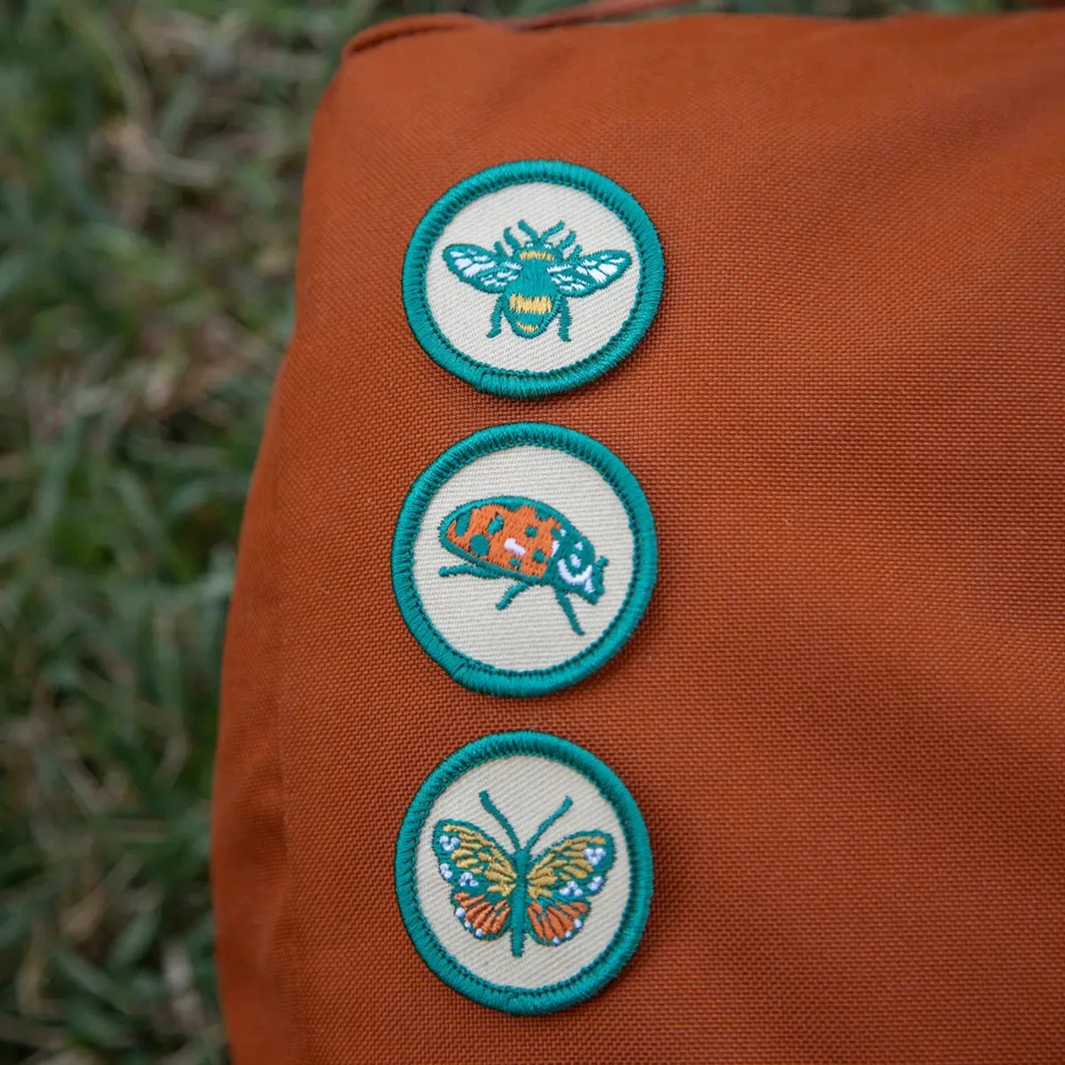 Set of 3 mustard beetle scout nature insect iron on patches: bee, ladybug, butterfly on orange fabric applique badges.