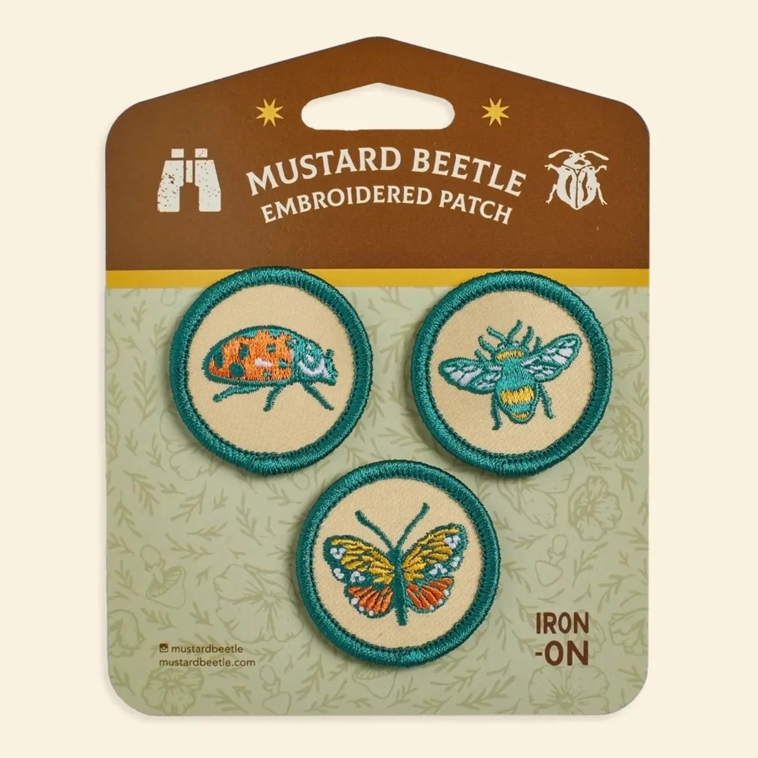 Set of 3 Mustard Beetle Scout iron on patches—beetle, bee & butterfly insect designs on a display card for nature lovers.