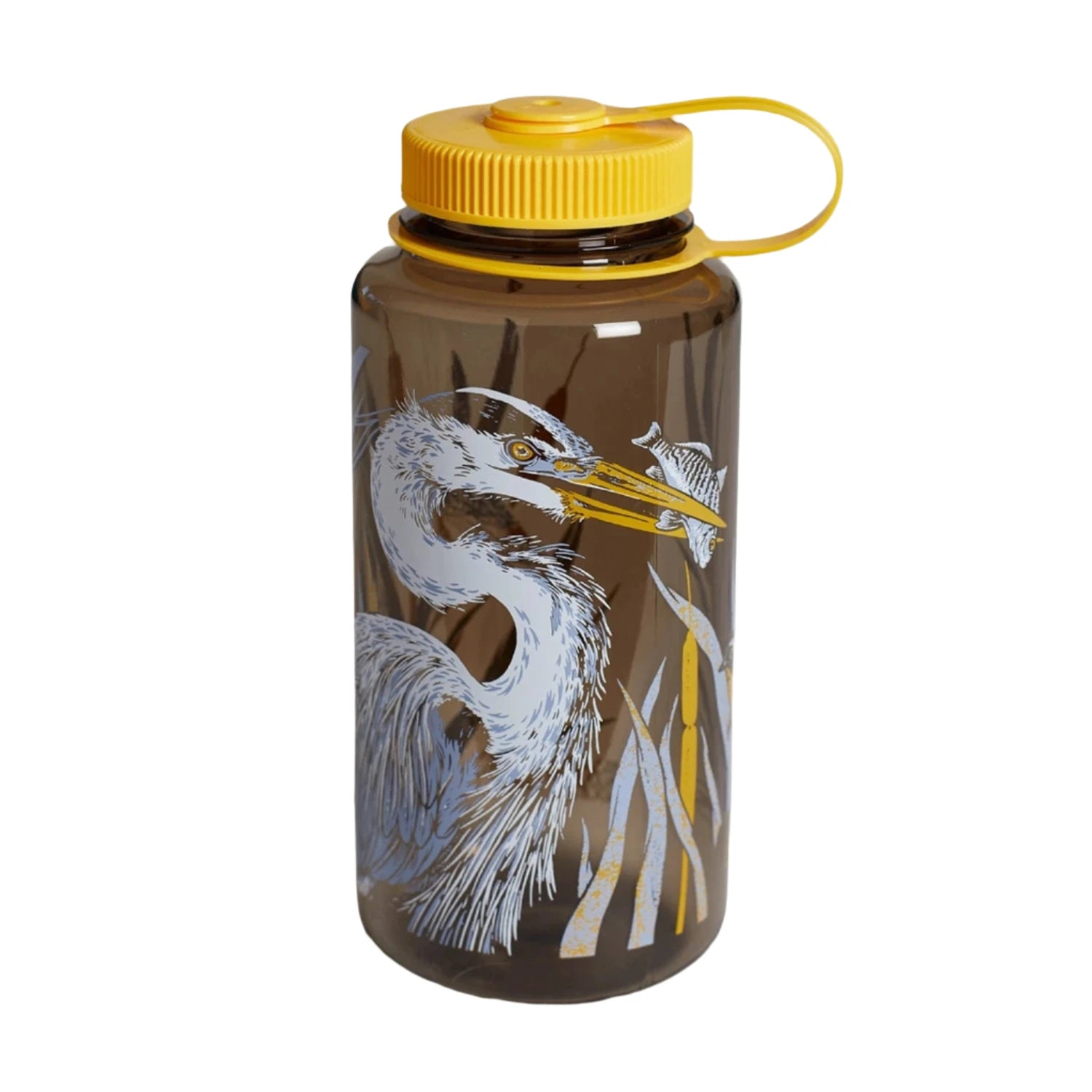 Mustard Beetle 32oz Wide Mouth Nalgene water bottle with Pasadena Audubon LA River heron, reeds design—durable eco-friendly hydration.