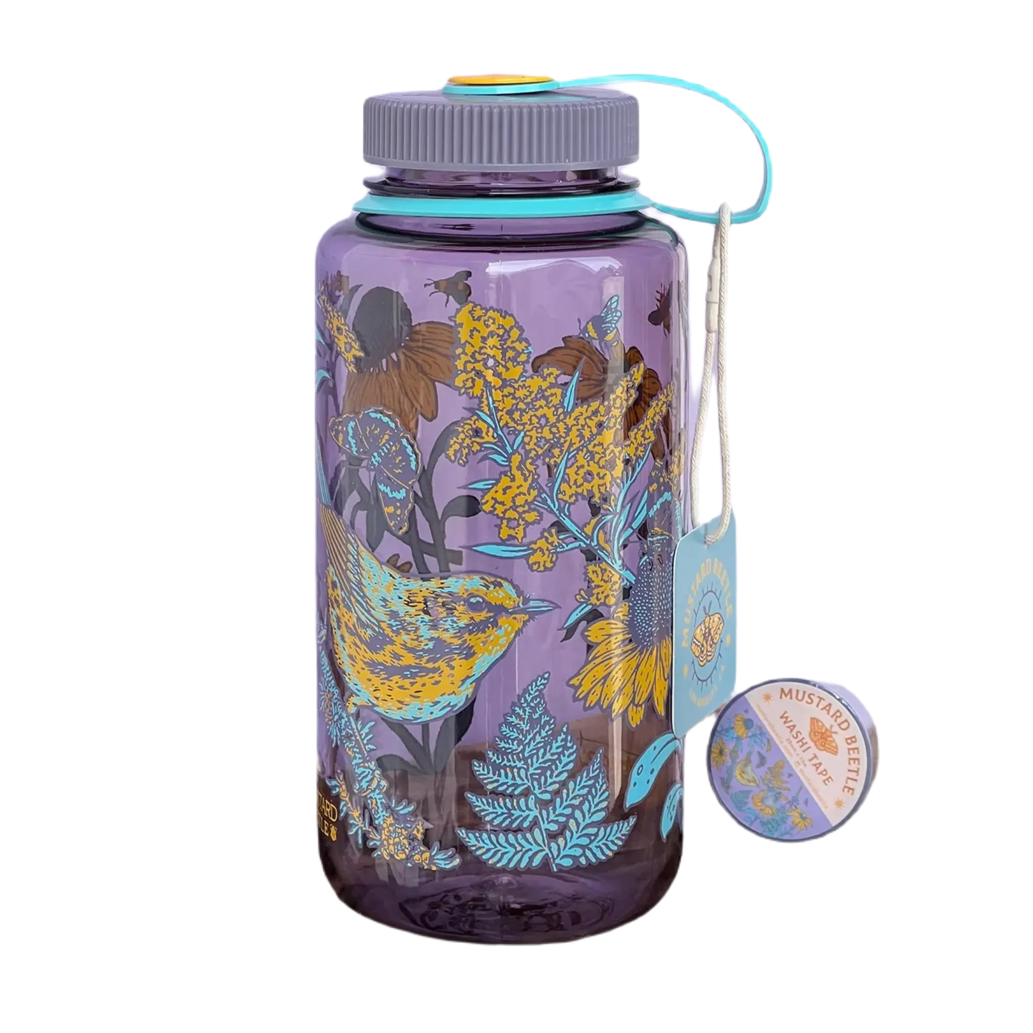 Introducing the limited edition Mustard Beetle Prairie 32oz Wide Mouth Nalgene Water Bottle, featuring a charming design adorned with birds, flowers, and bees. This eco-conscious water bottle is crafted from BPA-free recycled plastic and comes displayed on a wooden surface with an emblem tag attached.