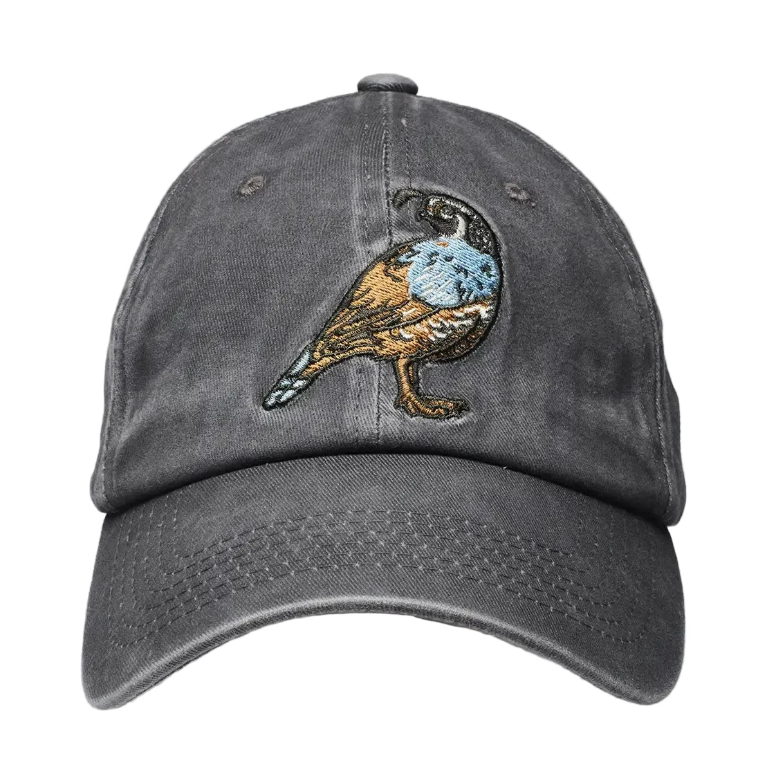 Mustard Beetle Ball Cap Quail: stylish dark gray baseball cap with quail embroidery, displayed on white background.