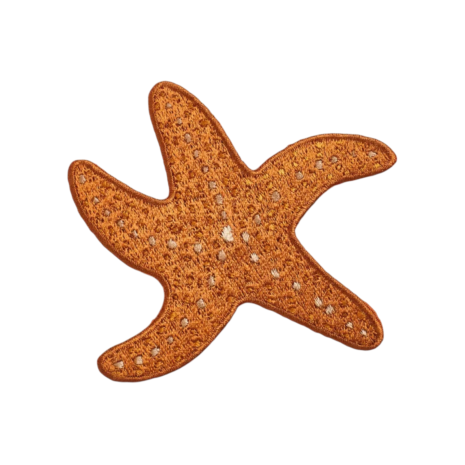 Mustard Beetle Ochre Sea Star iron-on patch with white embroidery, beige background—unique ocean-themed accessory for jackets.