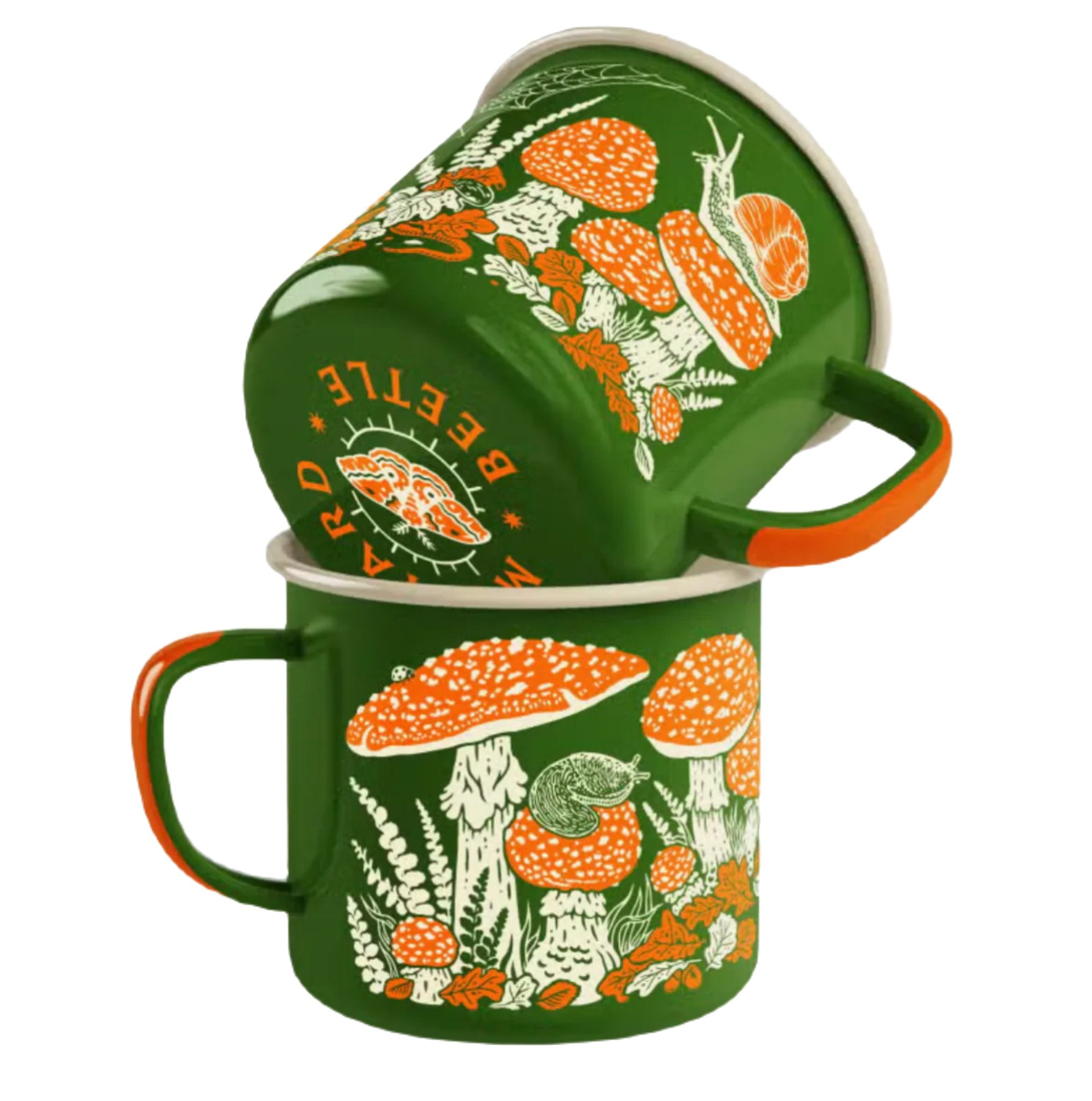 Mustard Beetle Camp Mug: green enamel, orange handle, features cute toad and mushroom art. Nature camping coffee mug gift.
