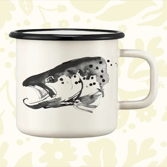 Shop the Muurla Teemu Järvi 0.37L enamel mug with black & white pike and trout fish art on a stylish white mug, black rim.