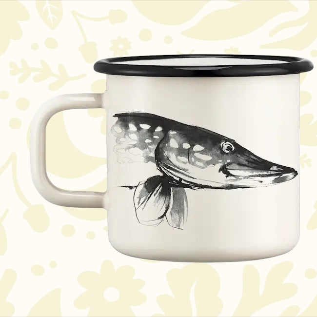 Muurla Teemu Järvi 0.37L enamel mug with black rim displays Nordic pike and trout illustration, perfect Finnish design gift.
