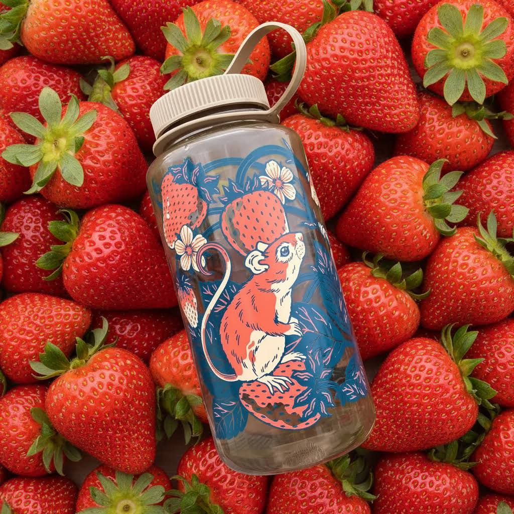 Forager Provisions LTD 32oz Nalgene water bottle in cotton white with Kate O’Hara strawberry and mouse screen print.
