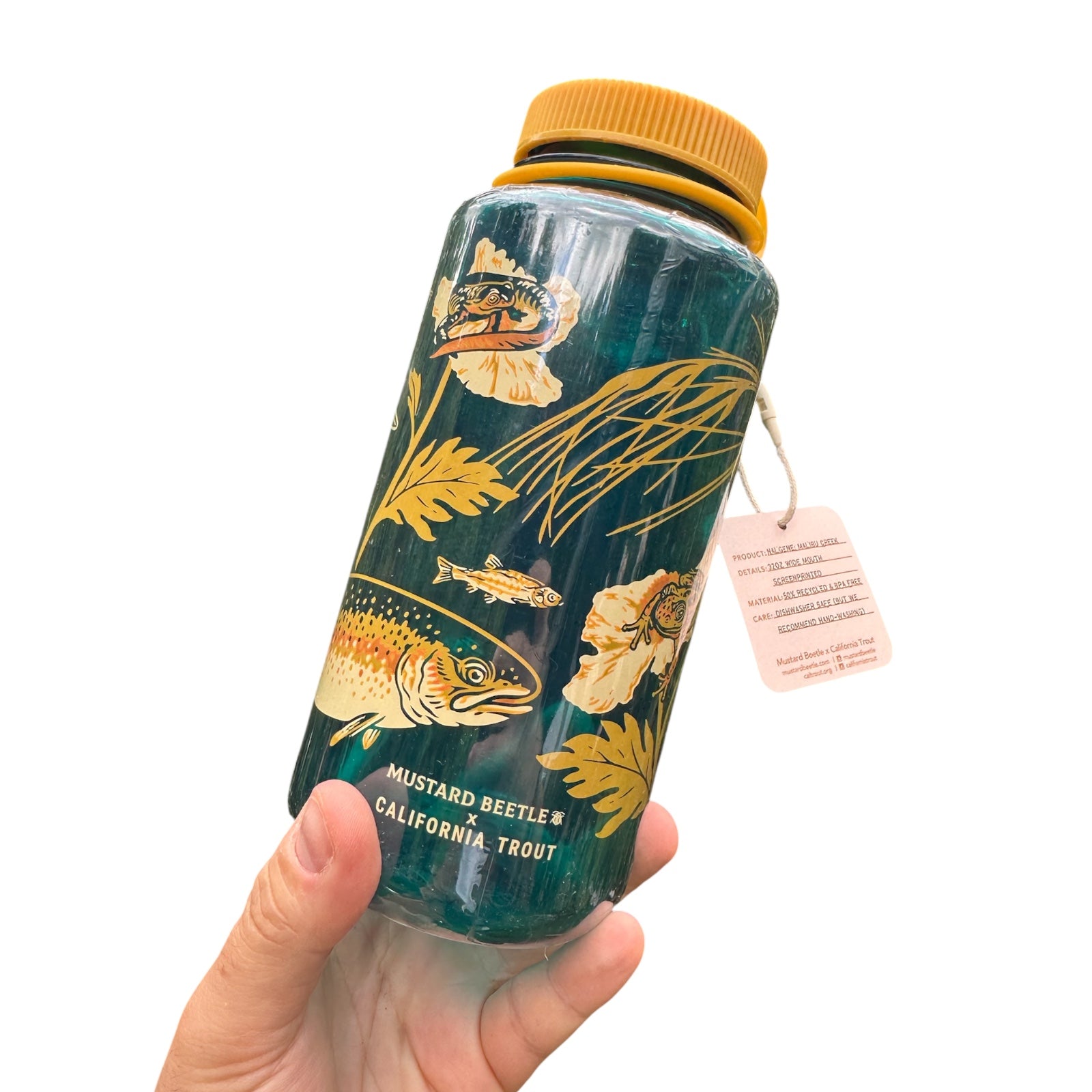 Hand holding Mustard Beetle 32oz Nalgene bottle with nature art, yellow lid—perfect for Cal Trout outdoor water hydration.