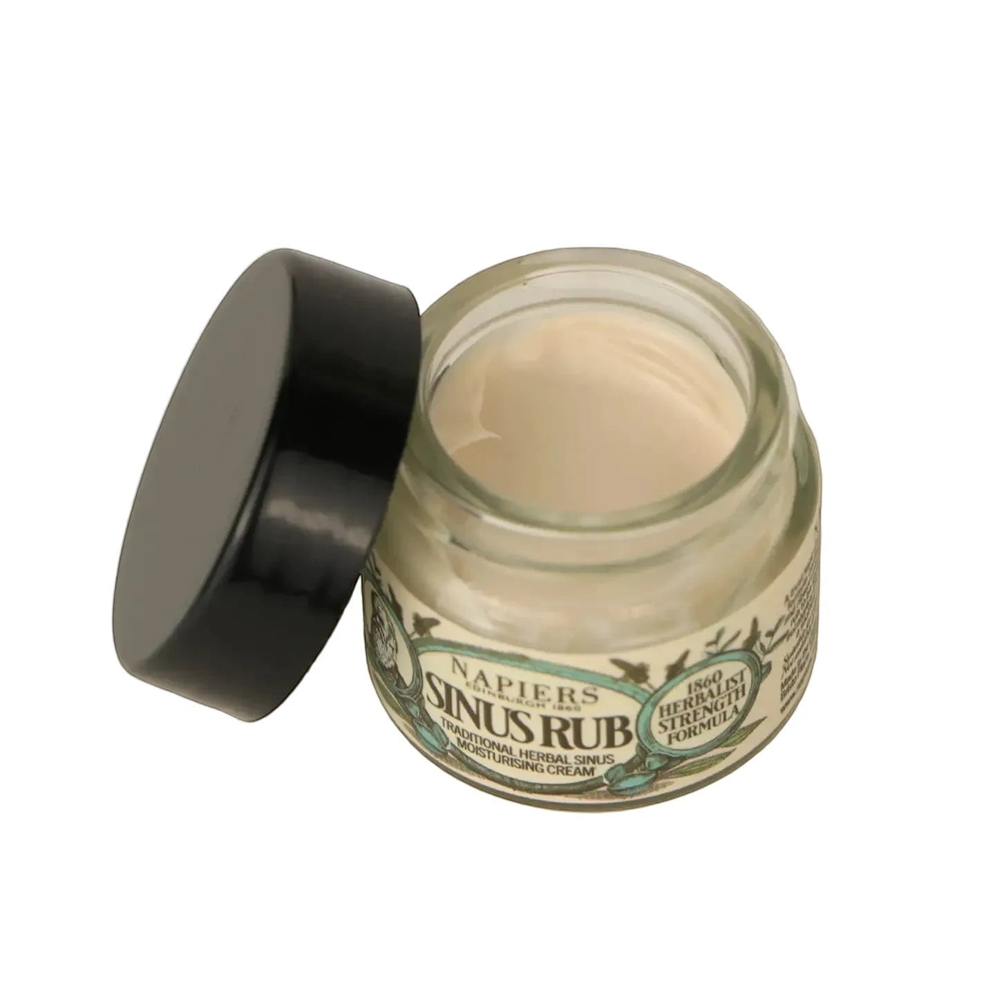 Napiers Sinus Rub Cream 63.5g jar open with black lid on a light background, natural sinus relief balm for congestion.