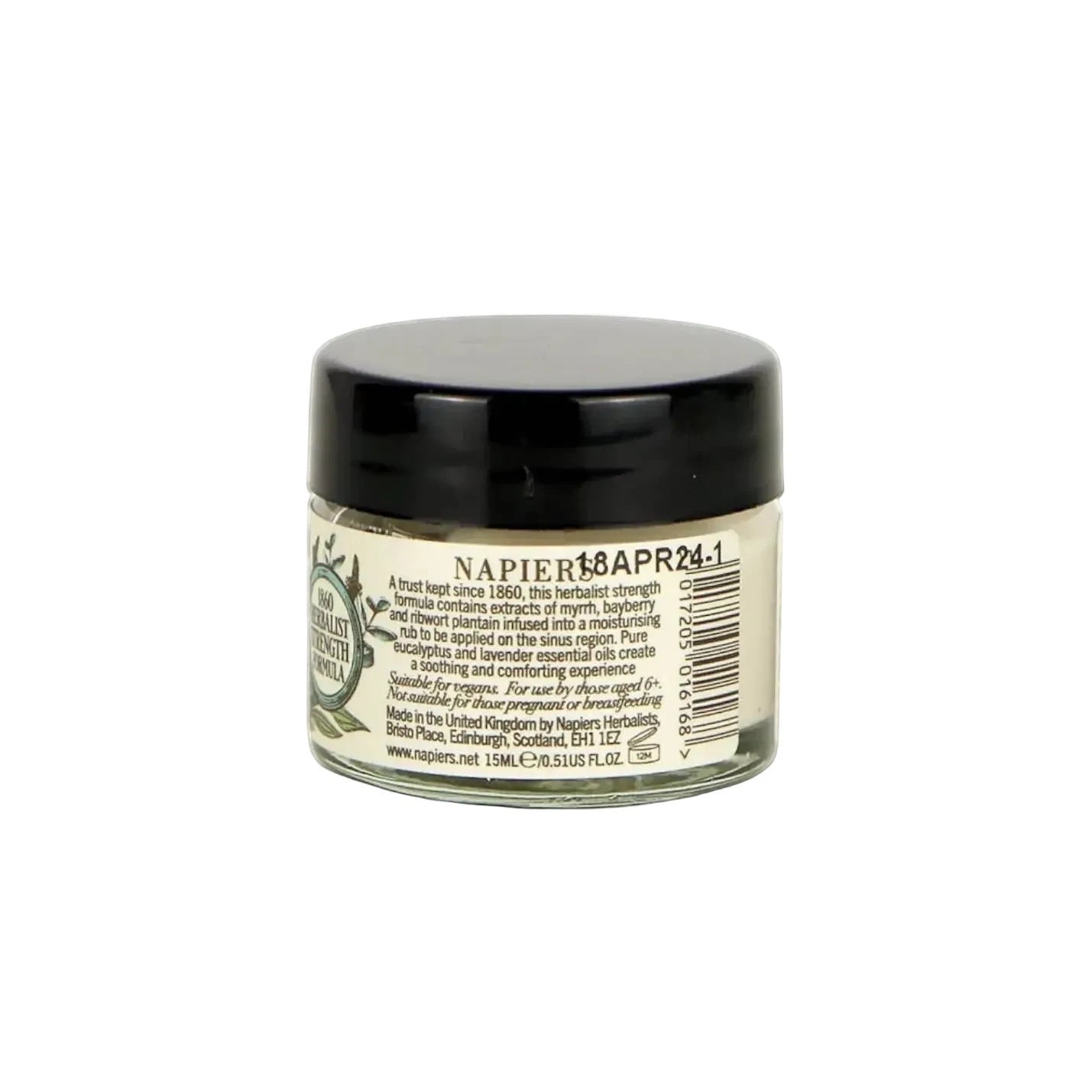 Napiers Sinus Rub Cream 63.5g in jar with black lid, congestion relief, expiry 18 APR 24—sinus congestion remedy image.