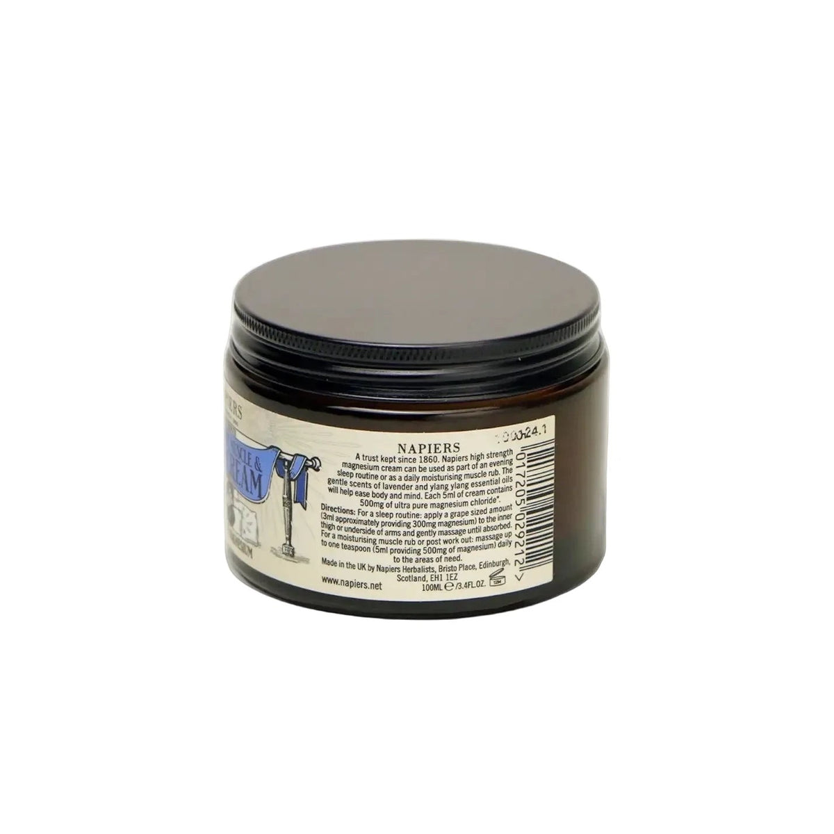 Napiers Magnesium Muscle & Sleep Cream 325g in brown plastic jar with dark lid, product on plain light background for wellness.