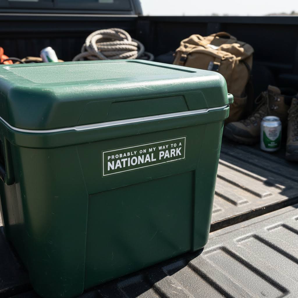 Forager Provisions LTD union made bumper sticker reading Probably On My Way To A National Park on a green cooler