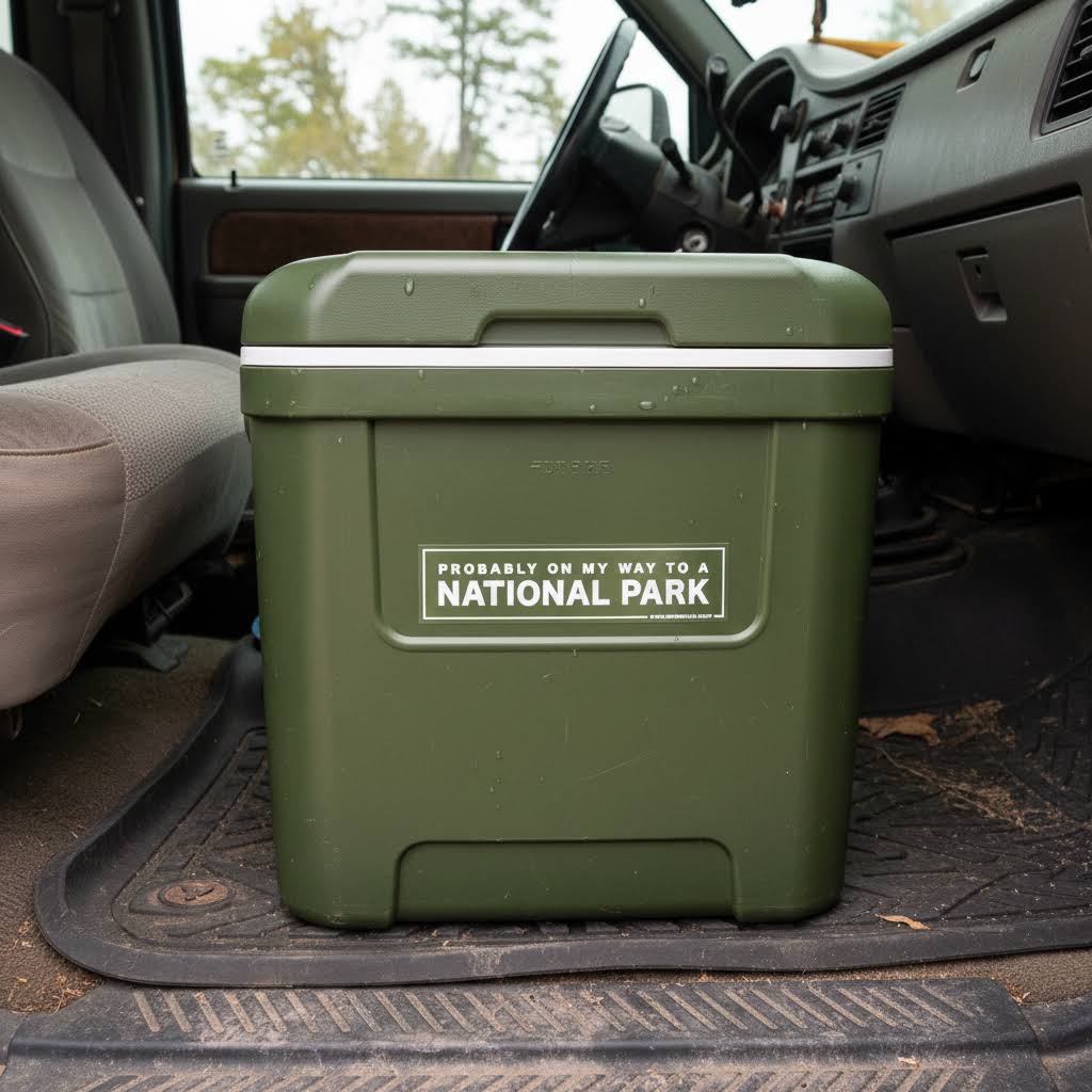 Forager Provisions LTD bumper sticker on an olive green cooler inside a vehicle, reading Probably On My Way To A National Park.
