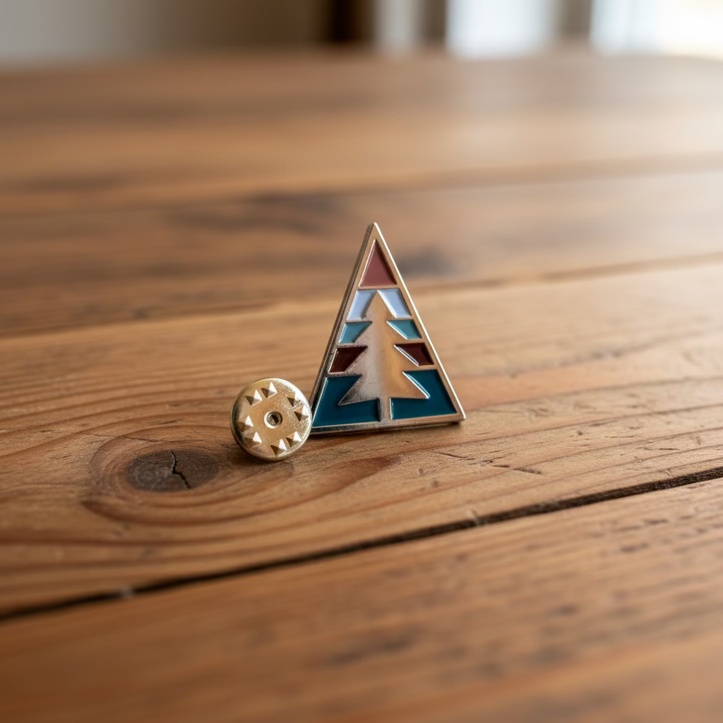 Forager Provisions LTD Ponderosa Pine tree enamel pin with a triangular design on a wooden surface.