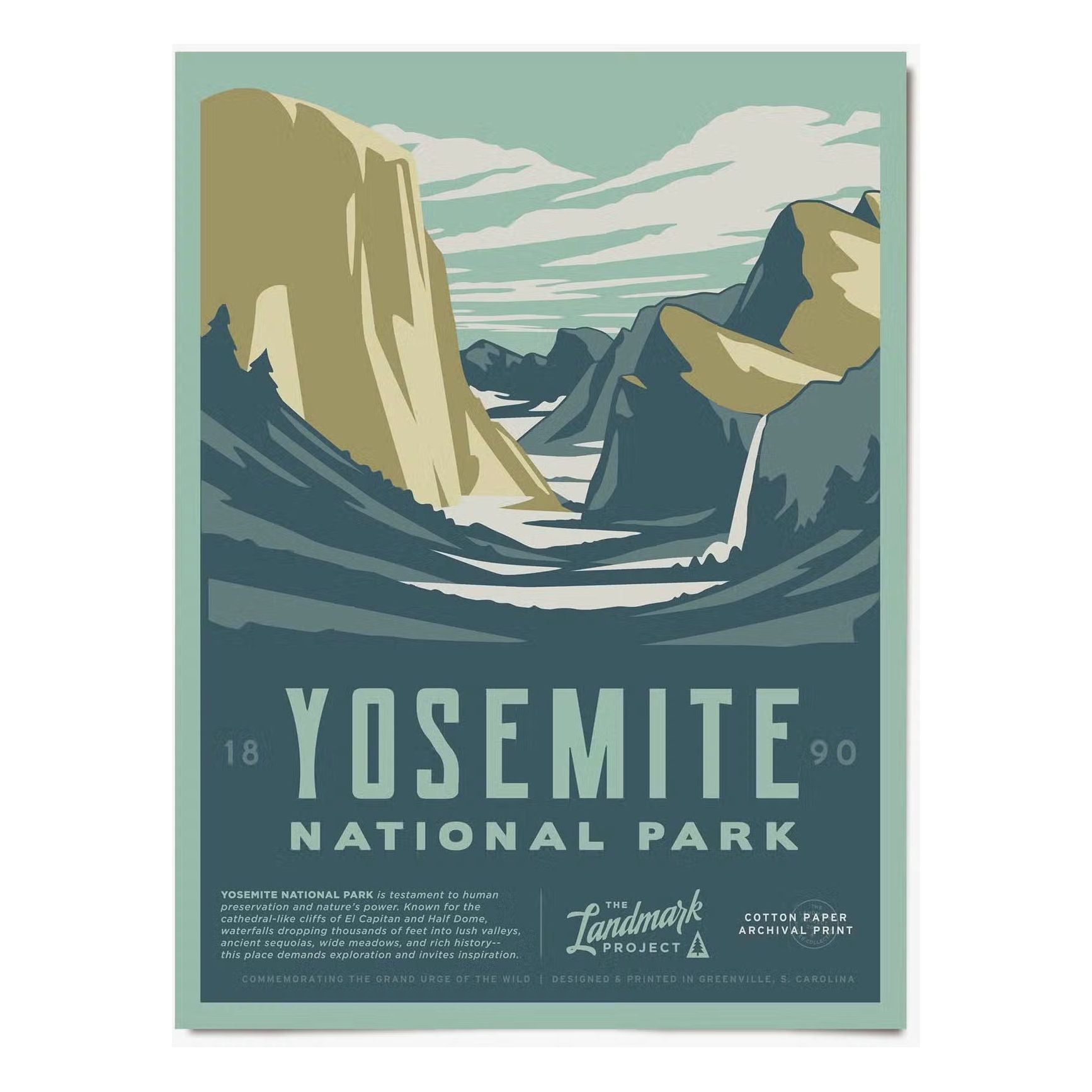 Presenting "The Landmark Project Yosemite National Parks Poster 12x16," a stylized depiction of Yosemite National Park showcasing its iconic mountains, lush valley, and the significant text "Yosemite National Park 1890." Printed on museum-grade archival paper, this artwork is FSC Certified and sustainably sourced.