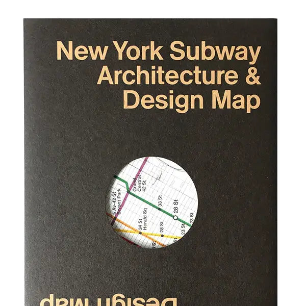 Cover of the "Blue Crow Media New York Subway Architecture Map," curated by Sandra Bloodworth for MTA New York City Transit, featuring a small preview of the subway map through a circular cut-out.