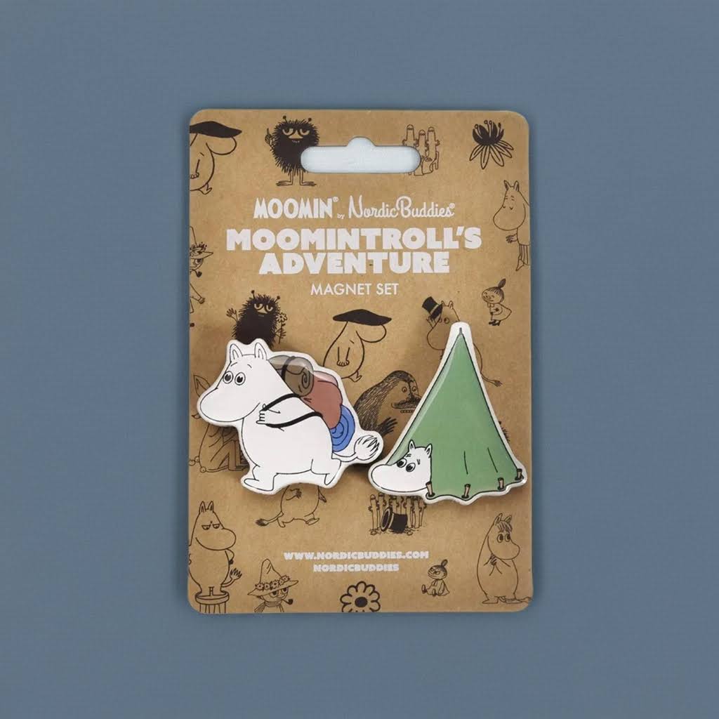 Forager Provisions LTD Nordicbuddies Moomintroll adventure MDF magnets featuring Moomintroll hiking and in a tent.