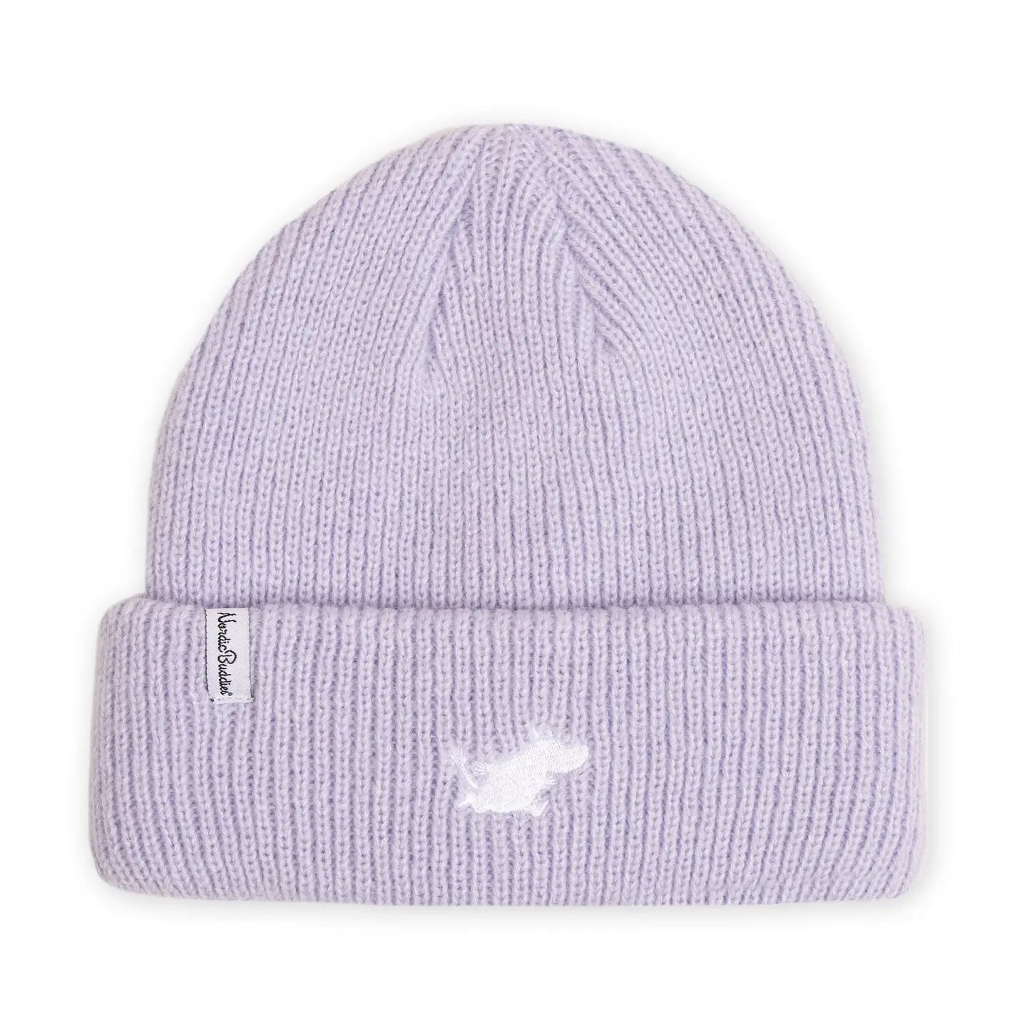 Nordicbuddies lilac Moomin Beanie, Winter Classics, folded brim, logo patch, white animal silhouette; cozy Nordic hat.