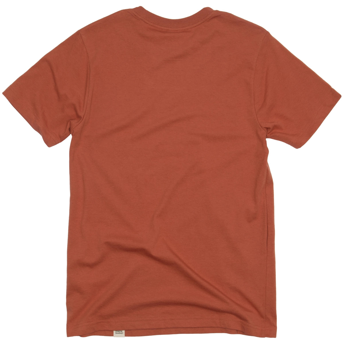 The Landmark Project Only You Smokey Bear T-Shirt in Spice is shown from the back, showcasing its rust-colored short sleeves. This crew neck shirt is made of soft fabric and boasts a simple, plain design. It is sustainably made and features a subtle Smokey Bear emblem to promote wildfire prevention.