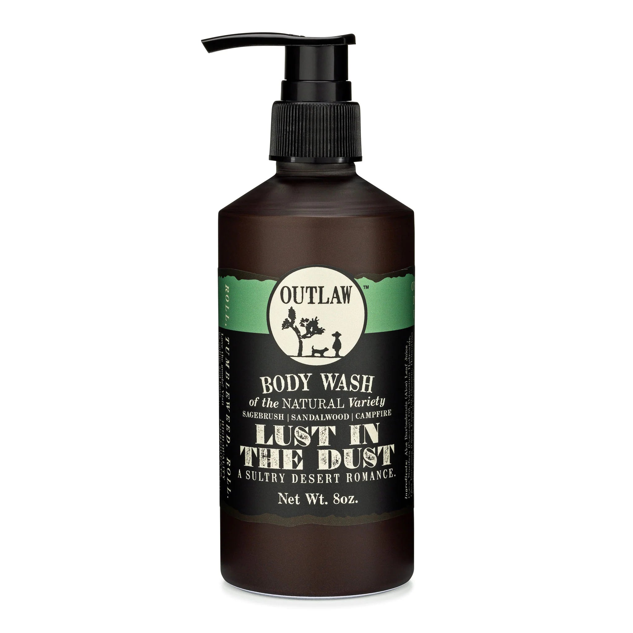 A bottle of Outlaw Soaps Body Wash labeled "Lust In The Dust" with a green and black design, 8oz size, featuring a pump dispenser. Infused with sandalwood and enriched with vegan oils for a bold and refreshing experience.