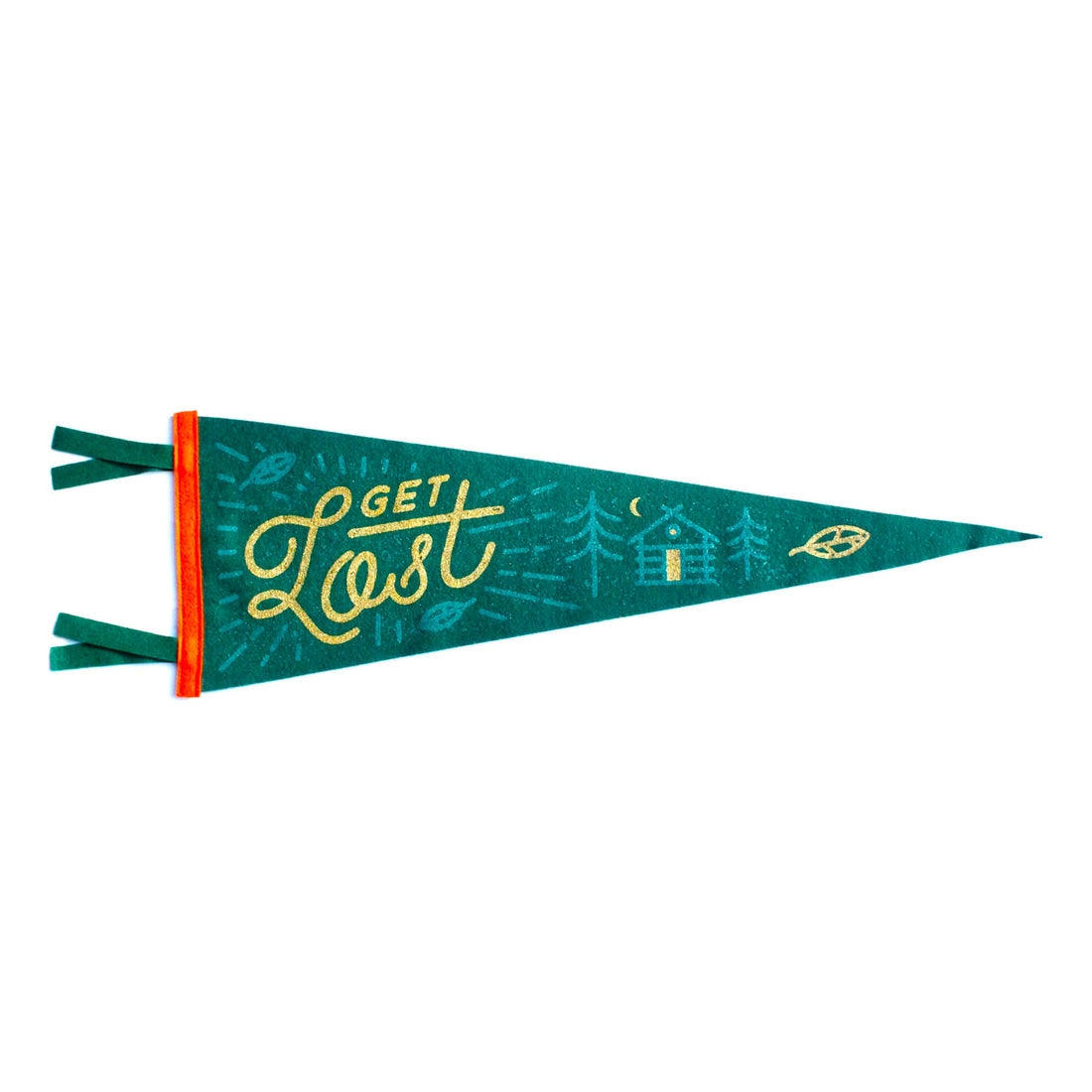 The Oxford Pennant Get Lost is a custom green wool felt pennant that features "Get Lost" written in yellow, along with illustrations of trees, a moonlit cabin, and leaves.