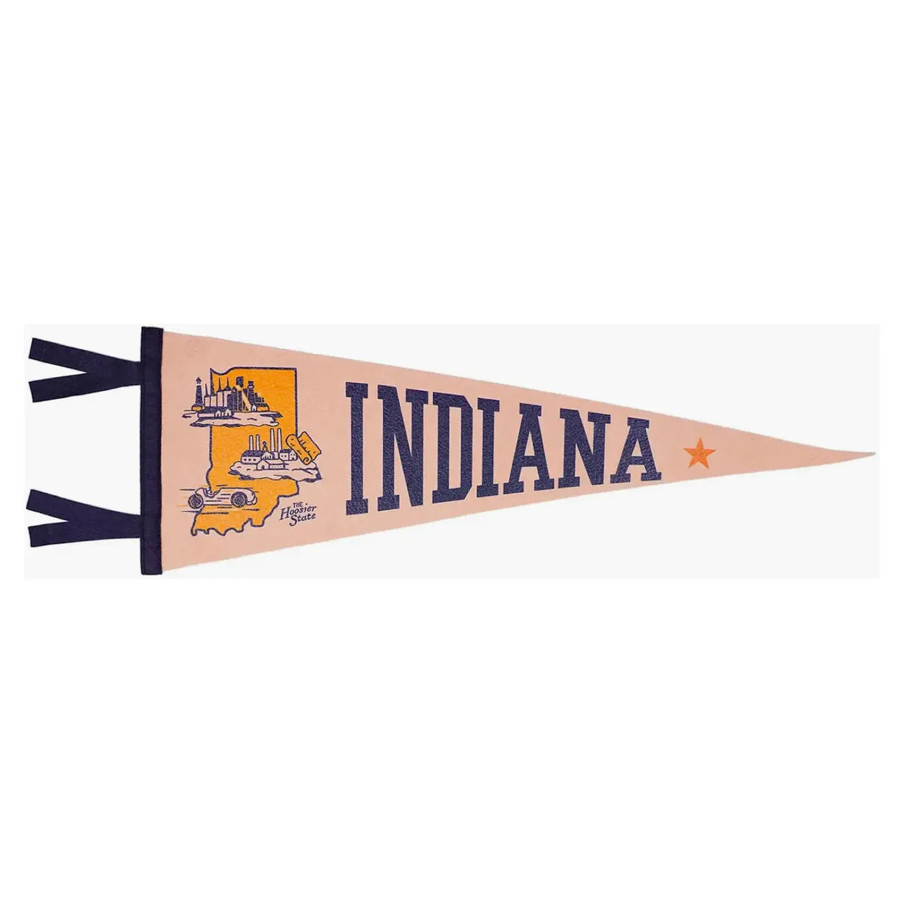 The Oxford Pennant Indiana is a cream-colored pennant made from wool felt, featuring navy trim, a screen-printed design of the state map, buildings, a star, and the text "Indiana.