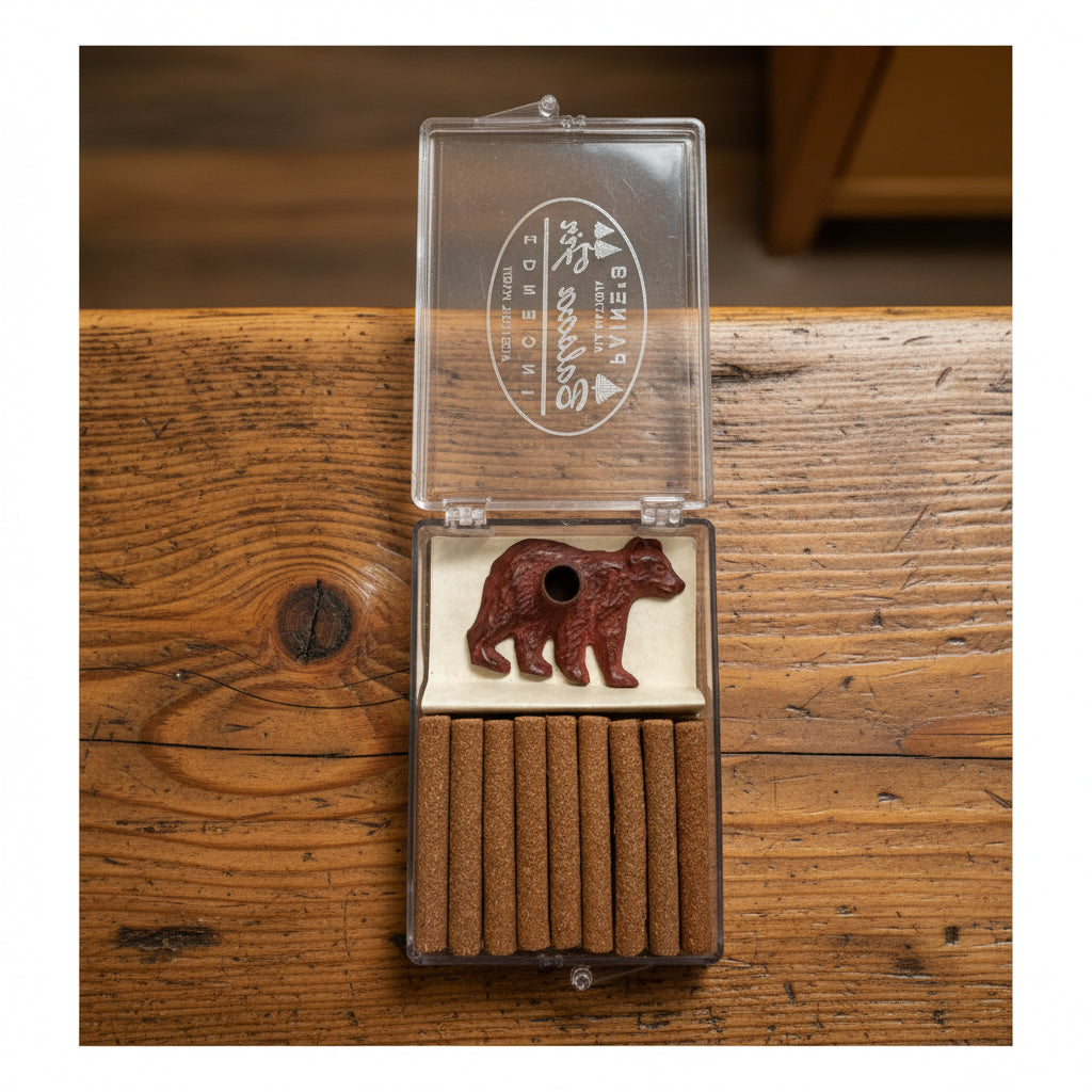 An open PAINES Brass Bear & Holder box displays eighteen balsam fir-scented logs and a red bear-shaped holder, exuding a forest aroma. The box lid is partially open.