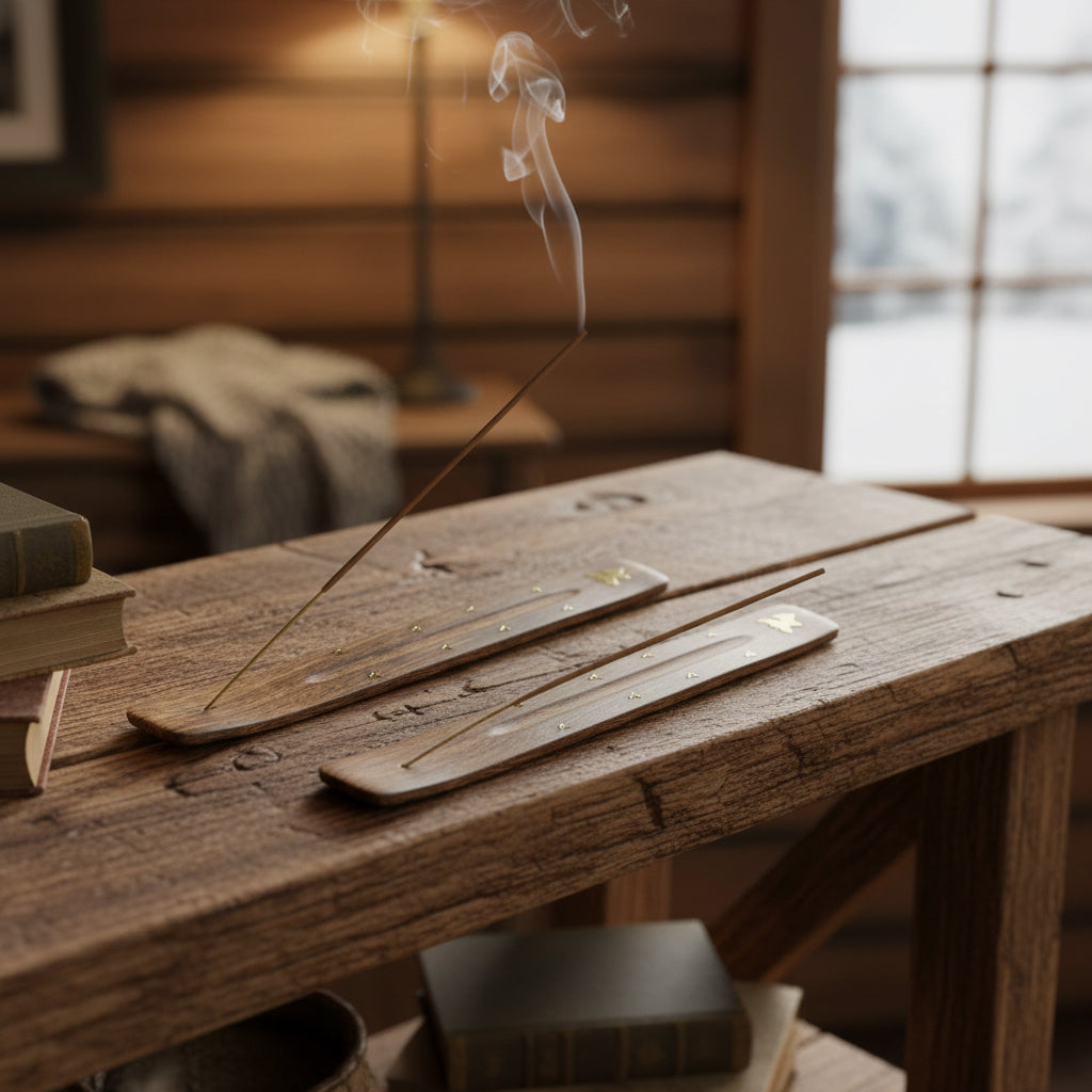 Two PAINES Wood Ash Catcher Incense Holders, each adorned with bear designs and currently holding burning incense sticks, rest elegantly on a rustic wooden surface.