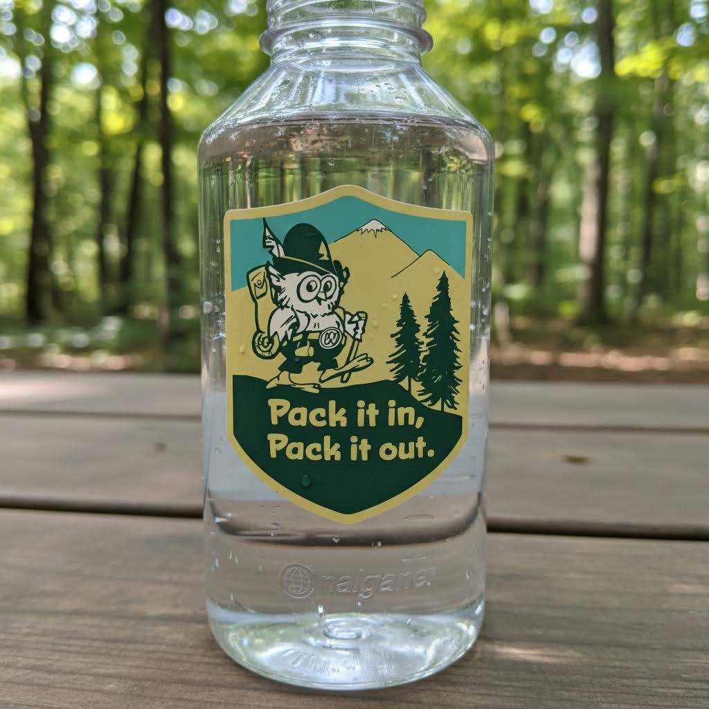 Forager Provisions LTD Woodsy Owl vinyl sticker on a clear water bottle with a forest background