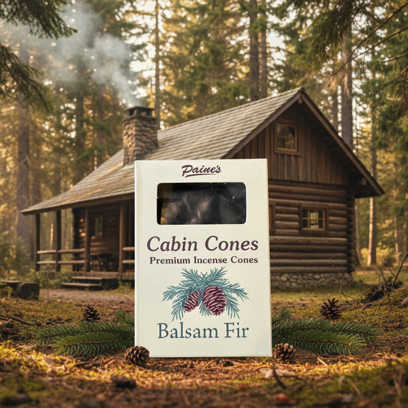 Paines Balsam Fir Premium Incense Cones box (25 cones, New 2025) displayed on gray with lush greenery for natural aroma.