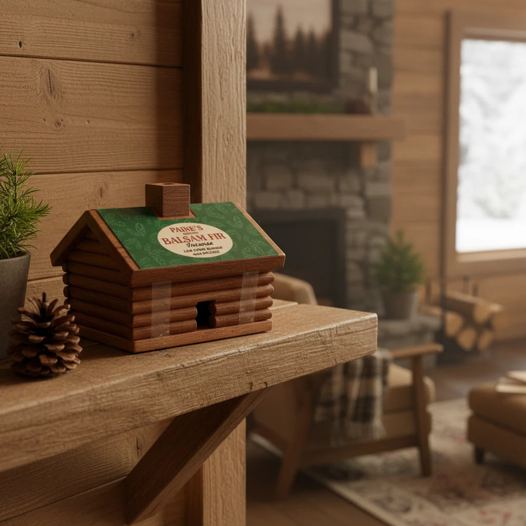 Forager Provisions LTD PAINE’S balsam fir incense log cabin burner on a rustic wooden mantel in a cozy cabin setting.