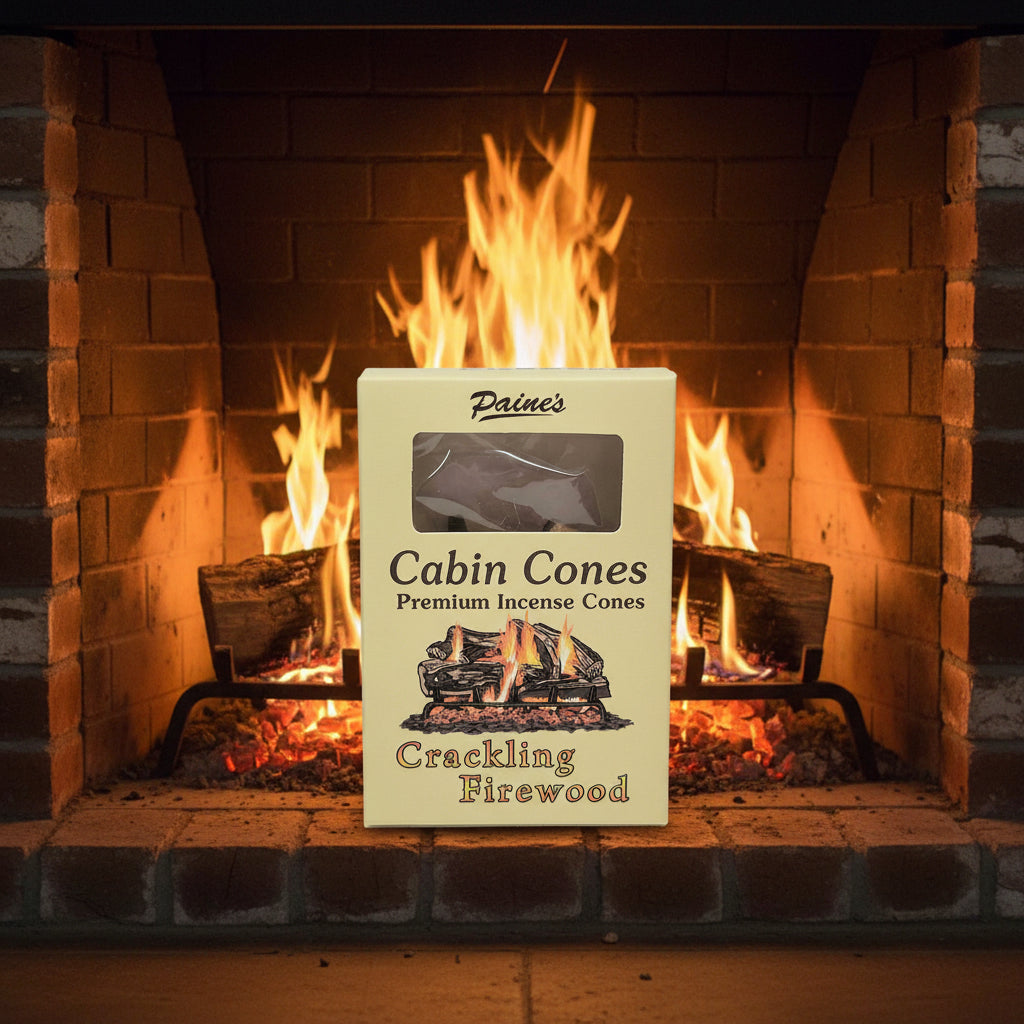 Forager Provisions LTD PAINES Crackling Firewood incense cones box in front of a warm, glowing indoor fireplace.