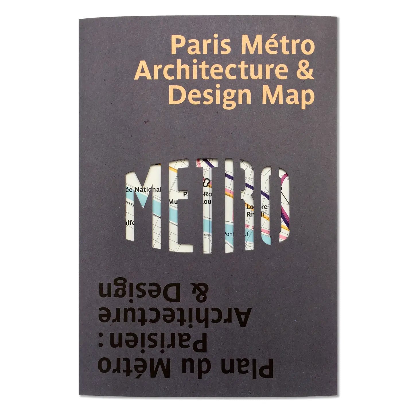 A sophisticated dark gray brochure titled "Blue Crow Media Paris Metro Architecture Map," featuring "plan du métro" in reverse at the bottom. This map is ideal for any design aficionado and offers a deep dive into the Art Nouveau entrances and beyond.