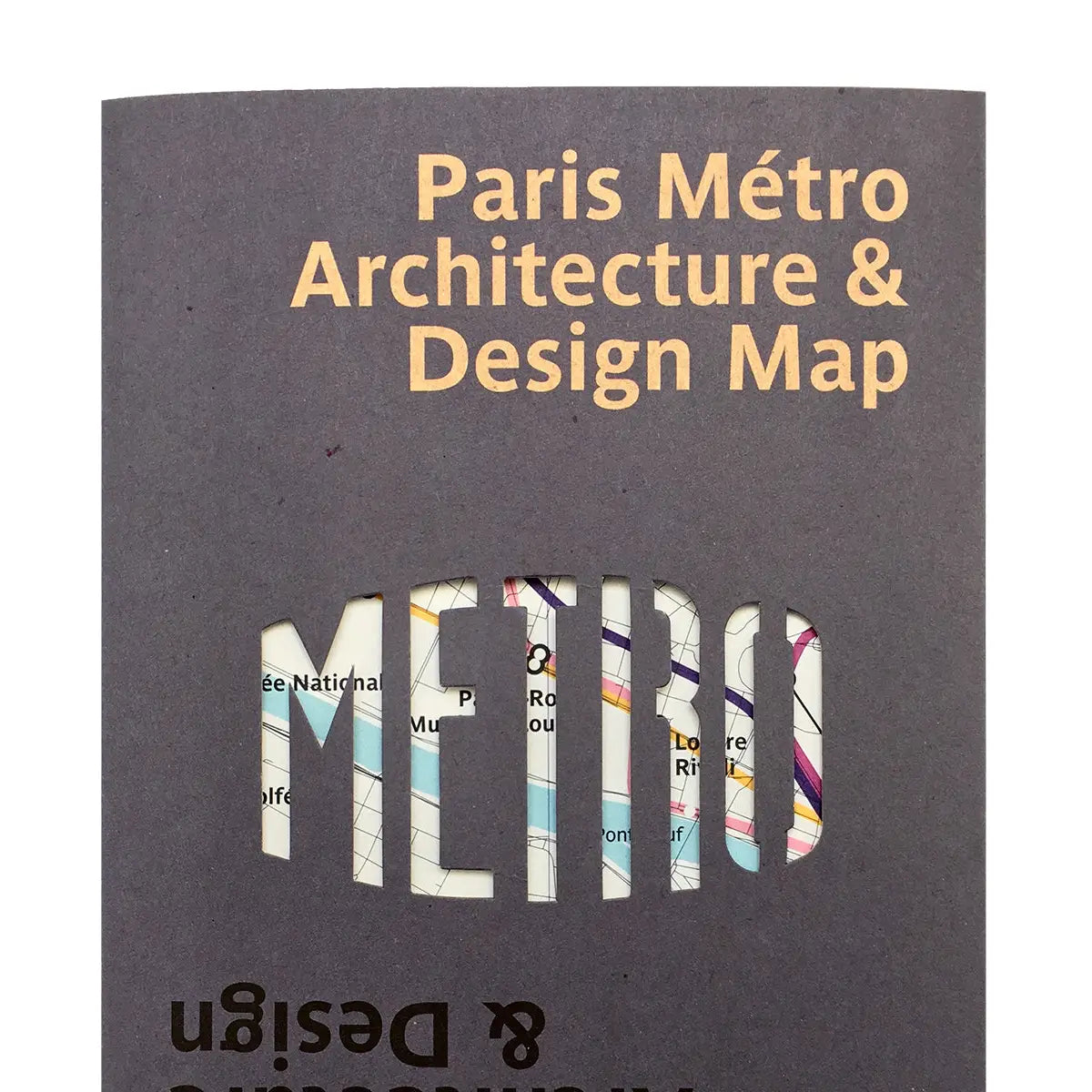 A sophisticated dark gray brochure titled "Blue Crow Media Paris Metro Architecture Map," featuring "plan du métro" in reverse at the bottom. This map is ideal for any design aficionado and offers a deep dive into the Art Nouveau entrances and beyond.