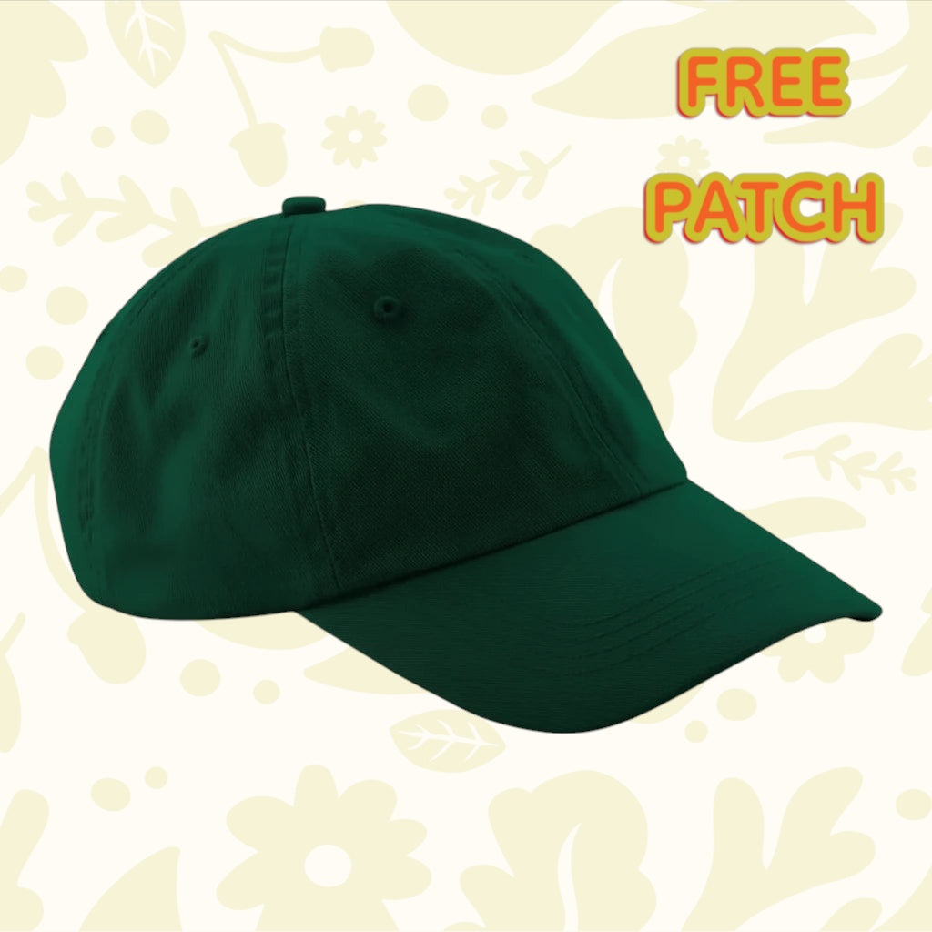 Forager Provisions Patch Your Cap! Low Profile Bottle Green Dad Cap, unisex style, front and side views on white background.