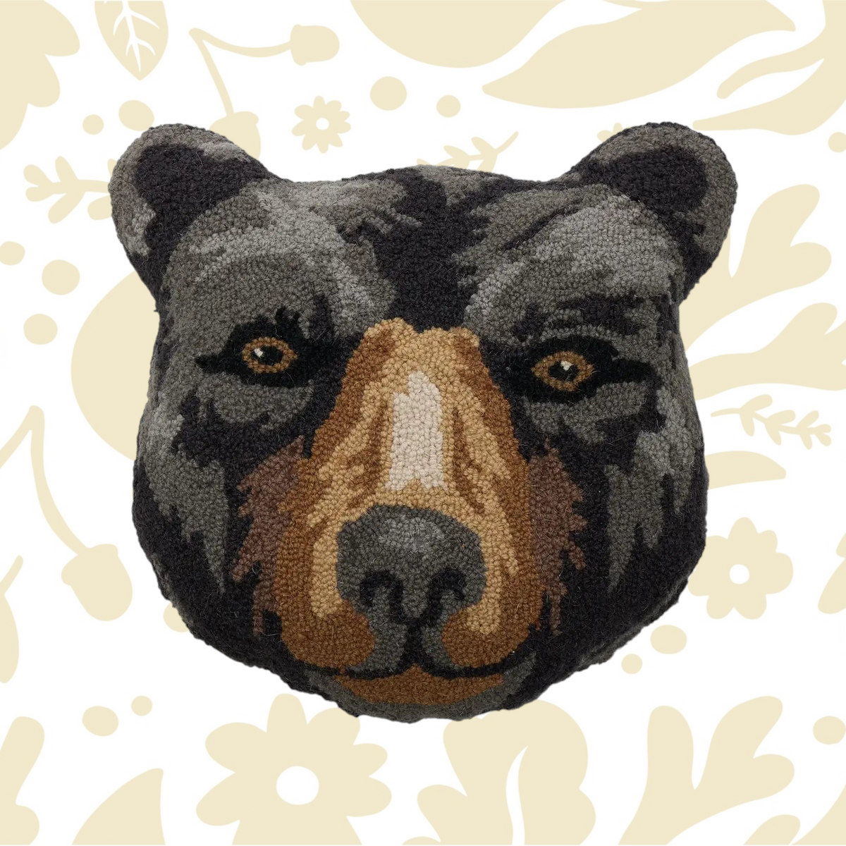 Peking Black Bear Face Wool Hook Cushion 18x18—rustic wildlife decor, cozy cabin accent, unique lodge-inspired pillow.