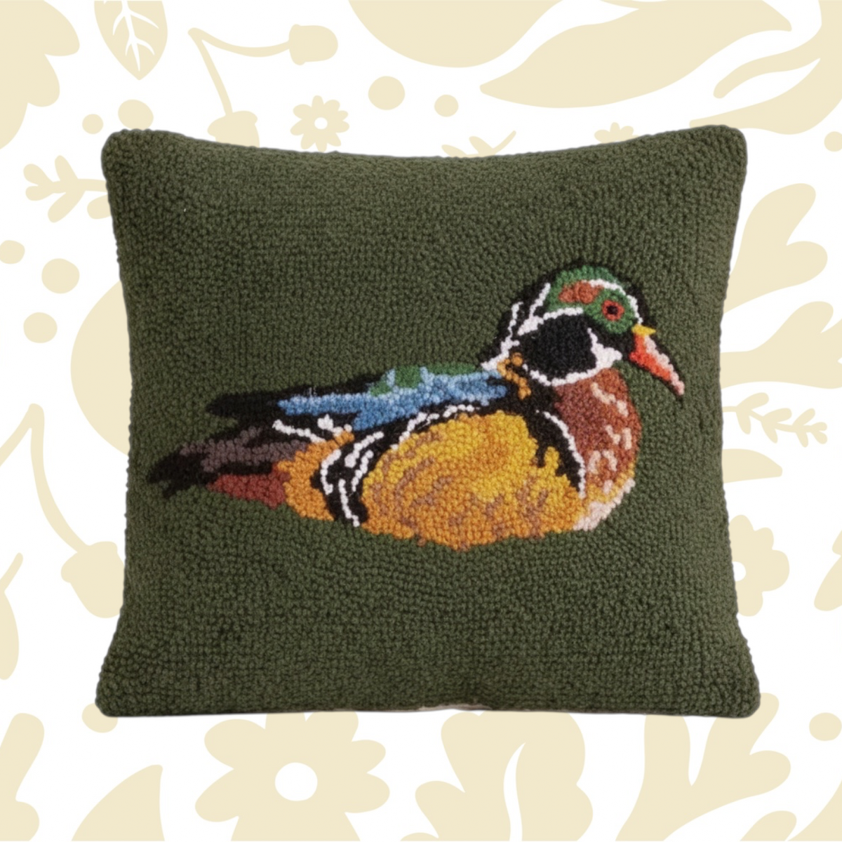 Peking Camp Wandawega Wood Duck Hook Pillow 14x14 features a colorful duck motif, perfect rustic lodge cabin decor accent pillow.