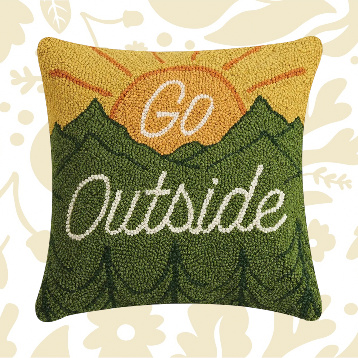 The Peking Handicraft Go Outdoors Hook Cushion is a 16X16" throw pillow featuring a nature-inspired design of green mountains under a bright yellow-orange sun, with the text "Go Outside.