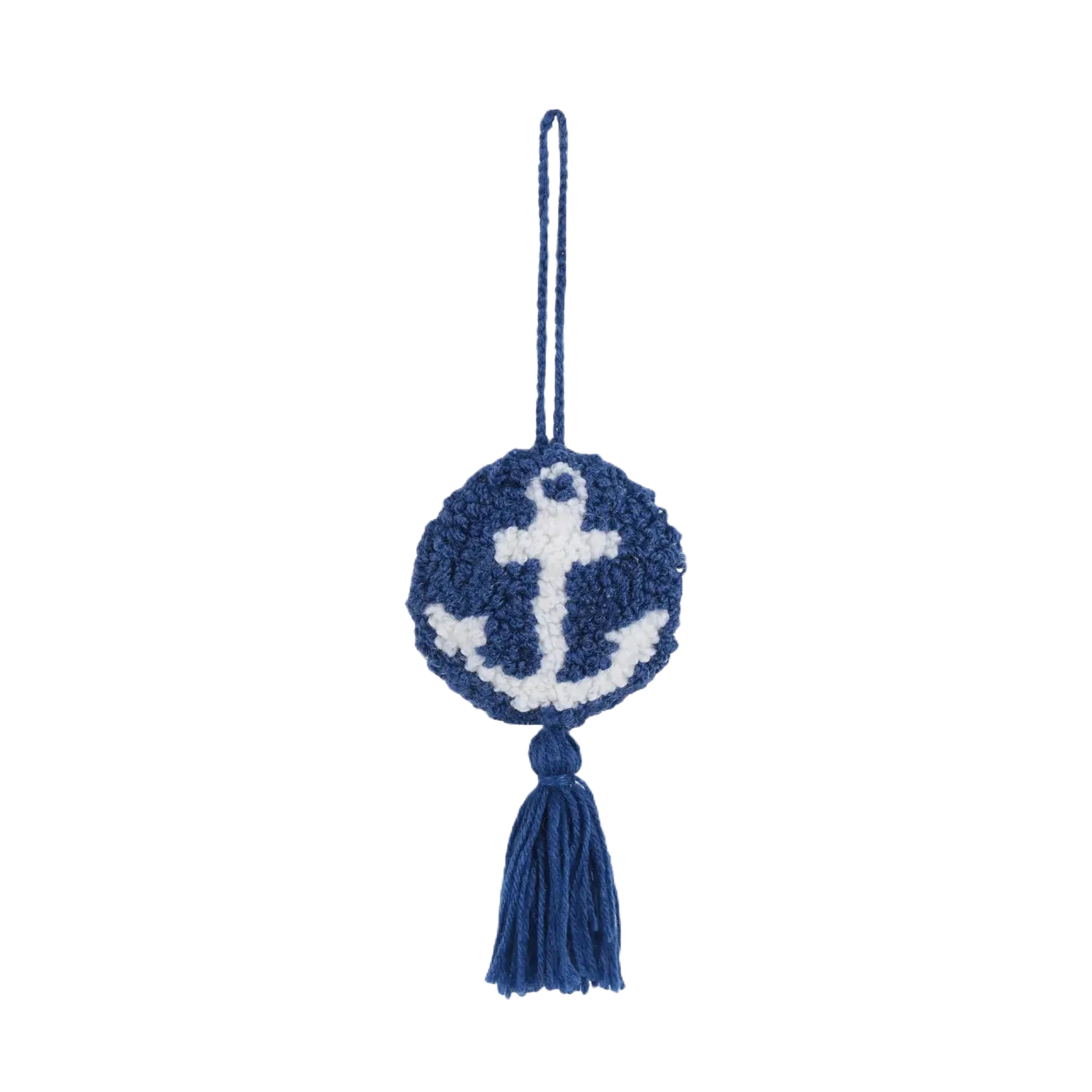 The Peking Handicraft Hanging Anchor Decoration features a blue crochet tassel with a white anchor design in the center, attached by a blue string loop and equipped with a poly hook for easy hanging.