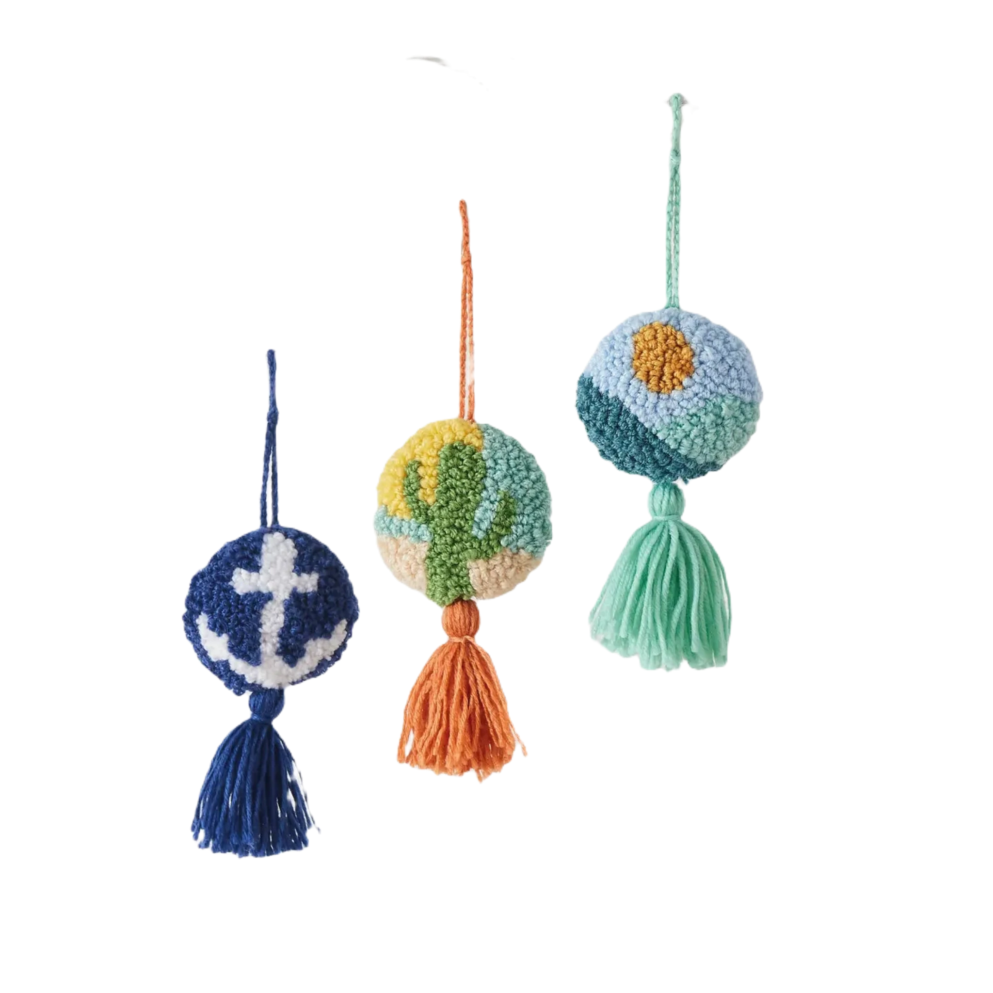 The Peking Handicraft Hanging Anchor Decoration features a blue crochet tassel with a white anchor design in the center, attached by a blue string loop and equipped with a poly hook for easy hanging.