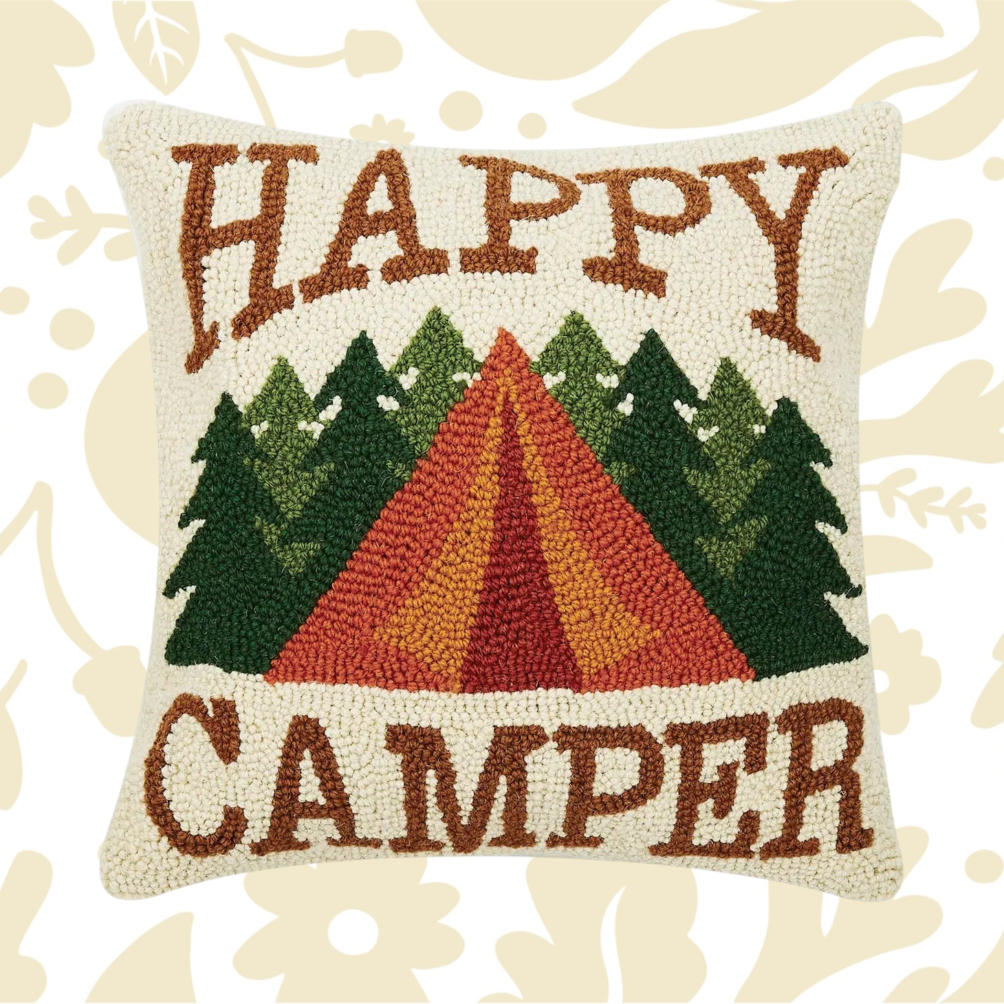 Peking Happy Camper wool hook cushion with tent, trees, and “HAPPY CAMPER”—perfect camping decor pillow for outdoor lovers.