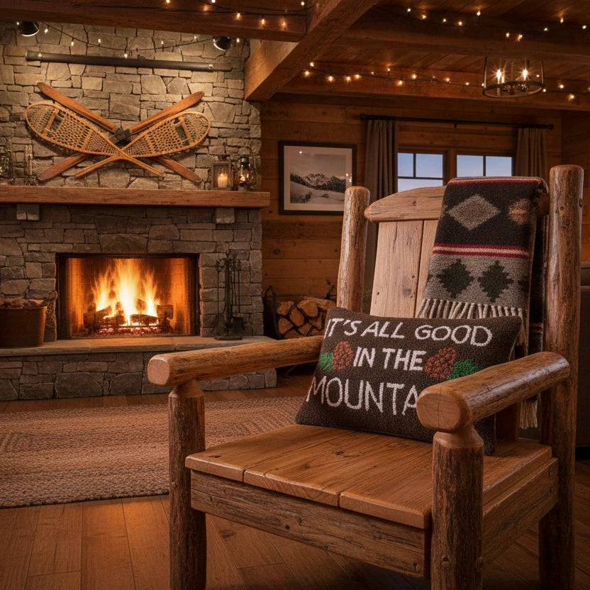 The Peking Handicraft "It’s All Good In The Mountains" Hook Cushion showcases a poly velvet throw pillow in brown, featuring the text "IT'S ALL GOOD IN THE MOUNTAINS" and adorned with two pine cones with green leaves on either side.