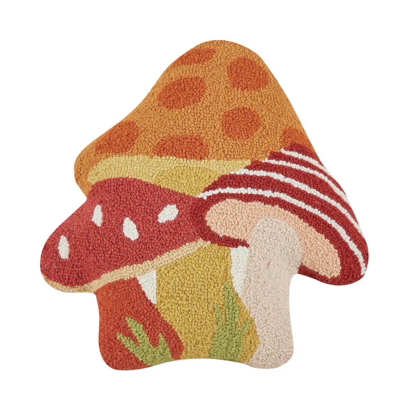 A whimsical, mushroom-shaped rug adorned with vibrant red, orange, and white mushrooms on a textured surface is perfect for pairing with the Peking Handicraft Mushroom Shaped Hook Cushion to create an enchanting décor atmosphere.